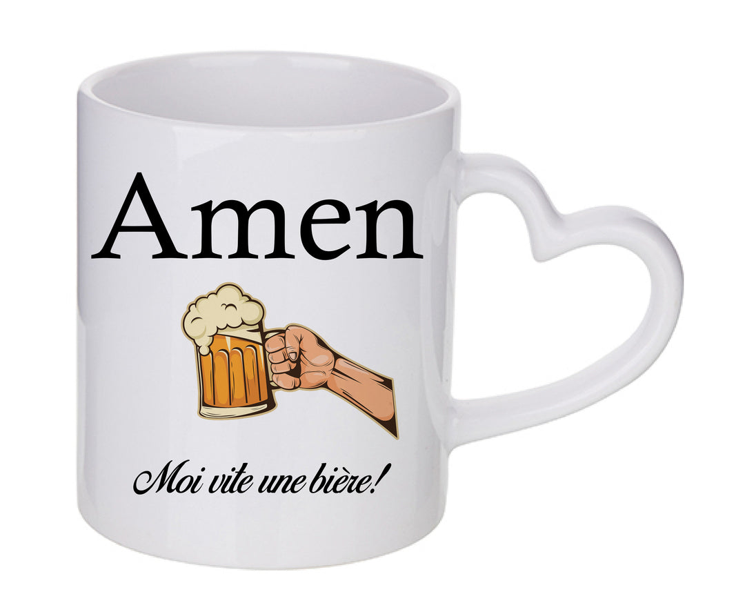Mug coeur personnalisé Amen moi vite une biere
