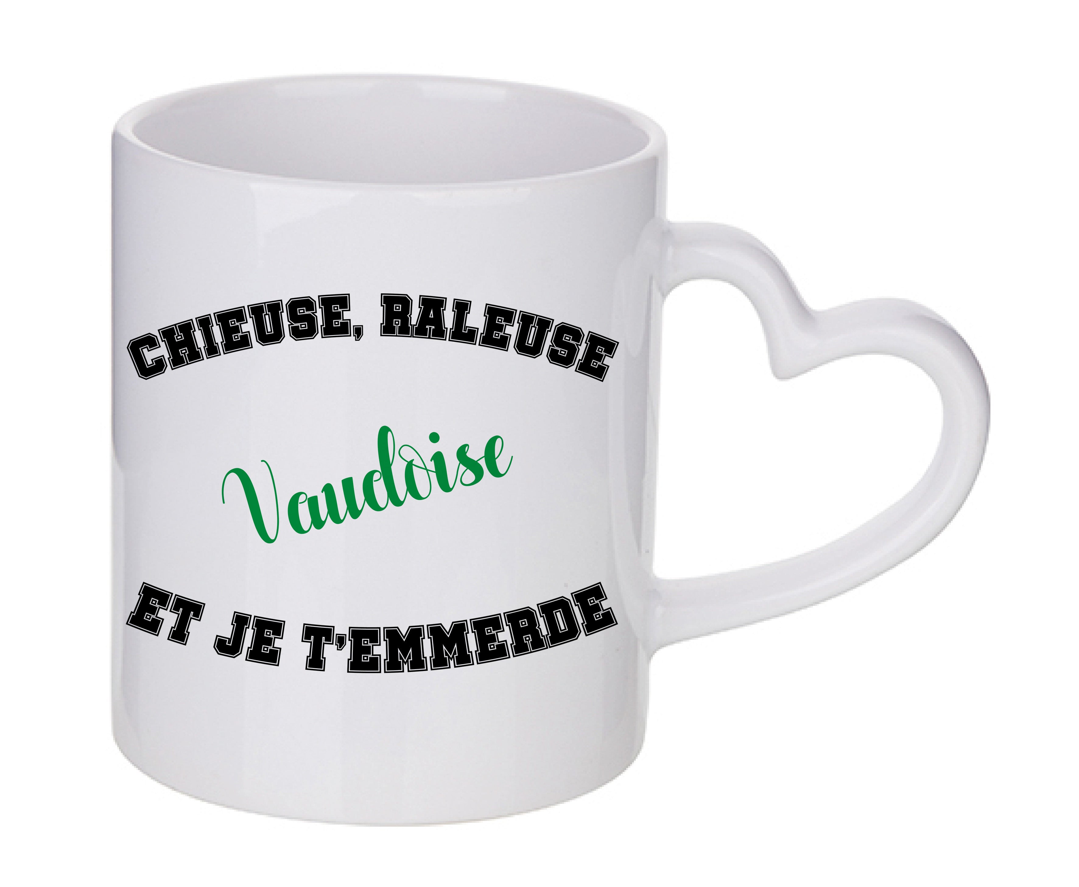 Mug coeur personnalisé Chieuse raleuse Vaudoise et je t'emmerde
