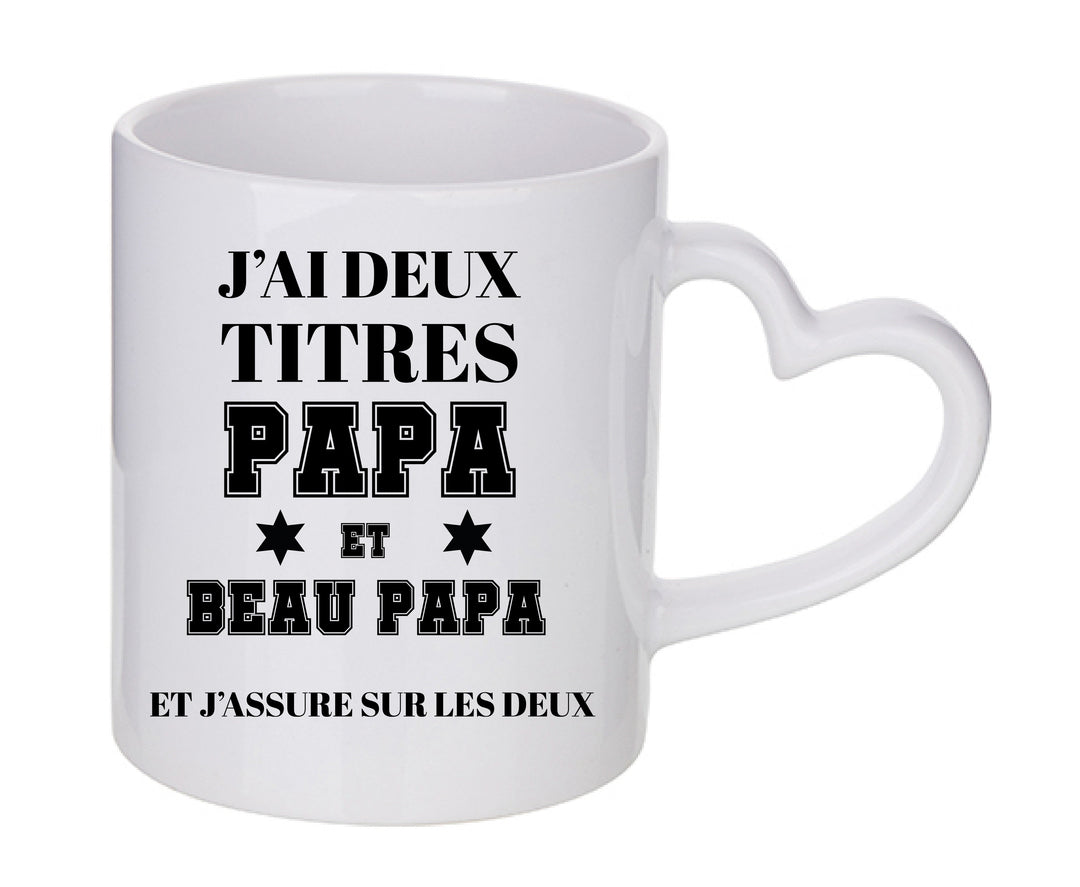 Mug coeur personnalisé J'ai 2 titres Papa et beau papa