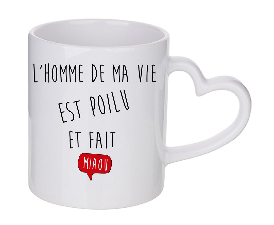 Mug coeur personnalisé L'homme de ma vie est poilu et fait miaou