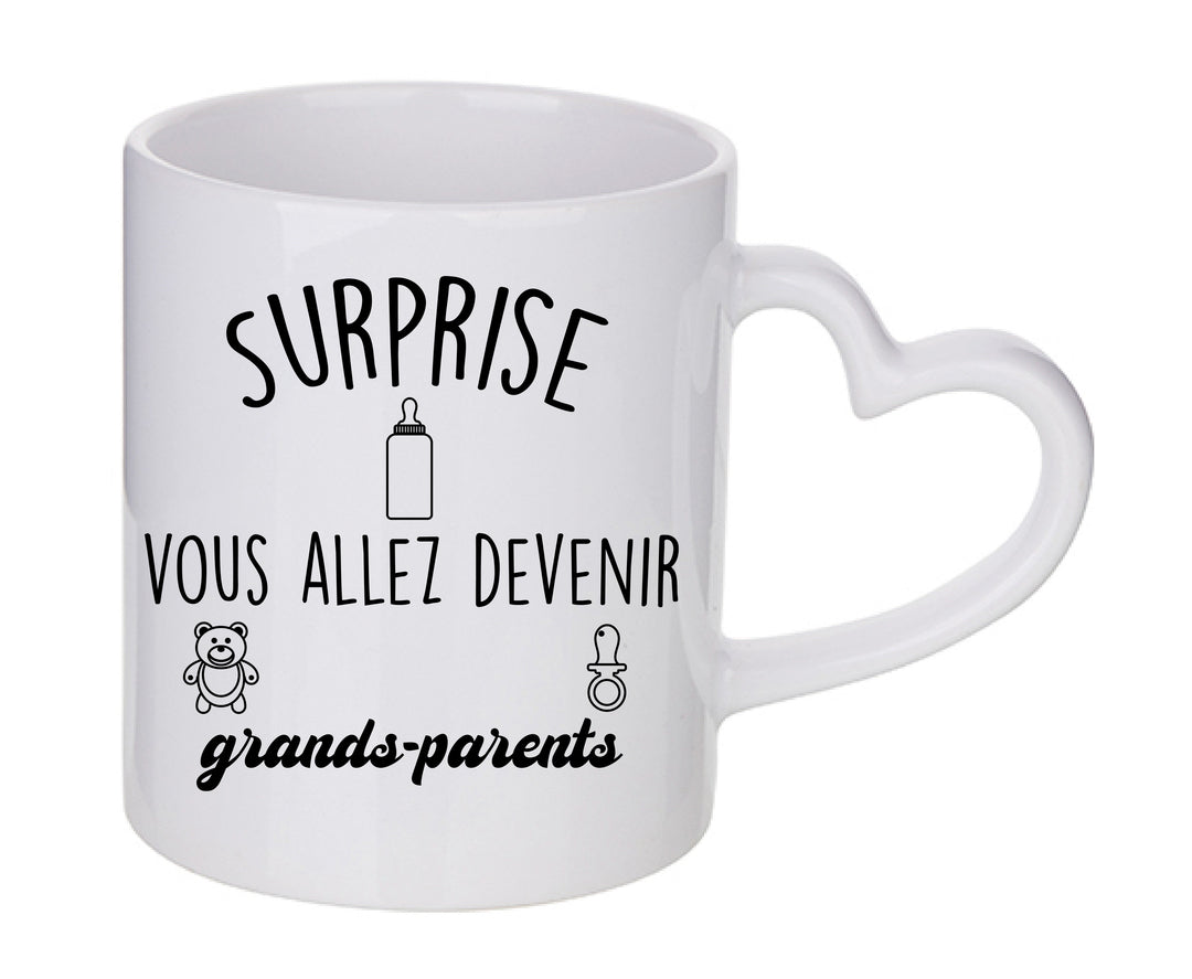 Mug coeur personnalisé Surprise vous allez devenir grands parents