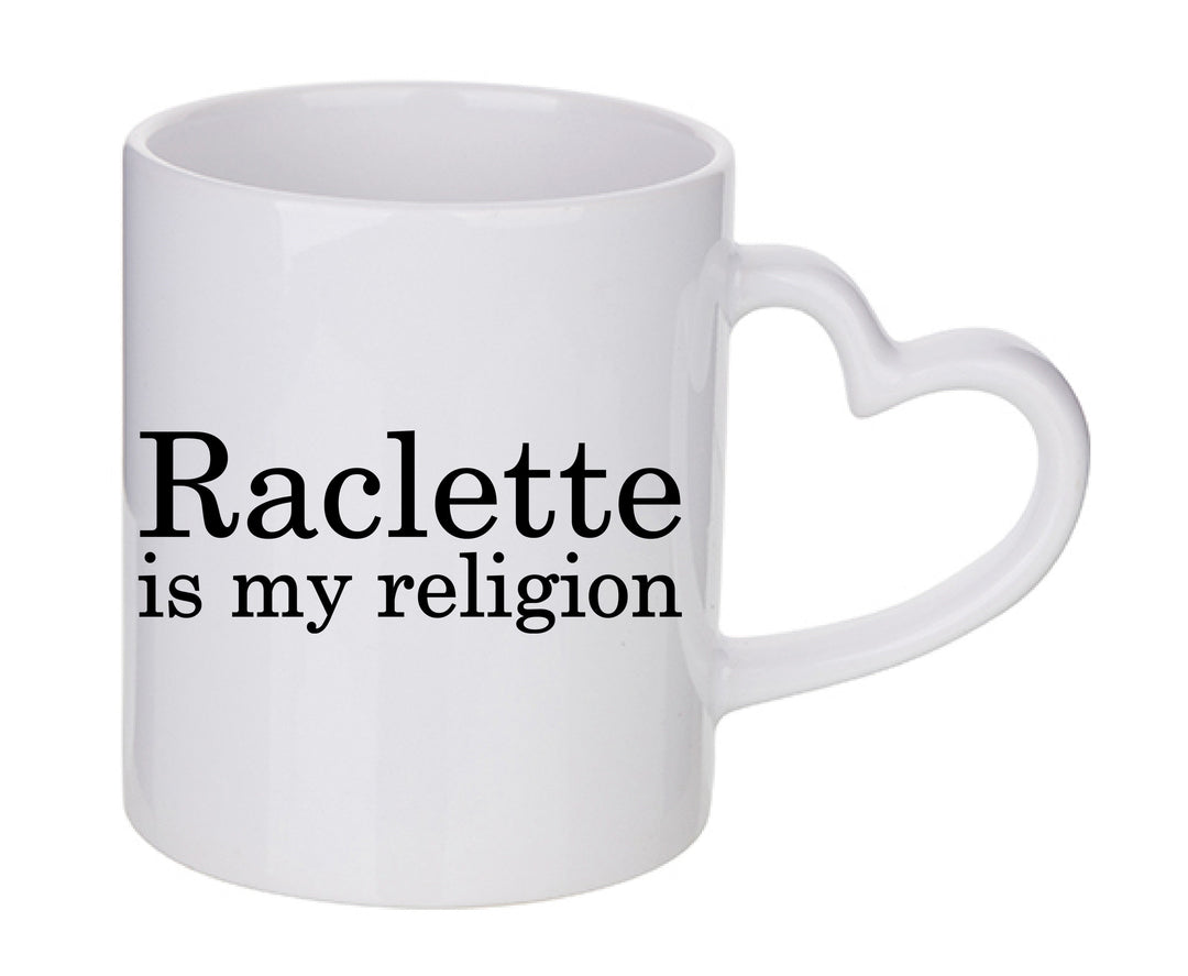 Mug coeur personnalisé raclette is my religion