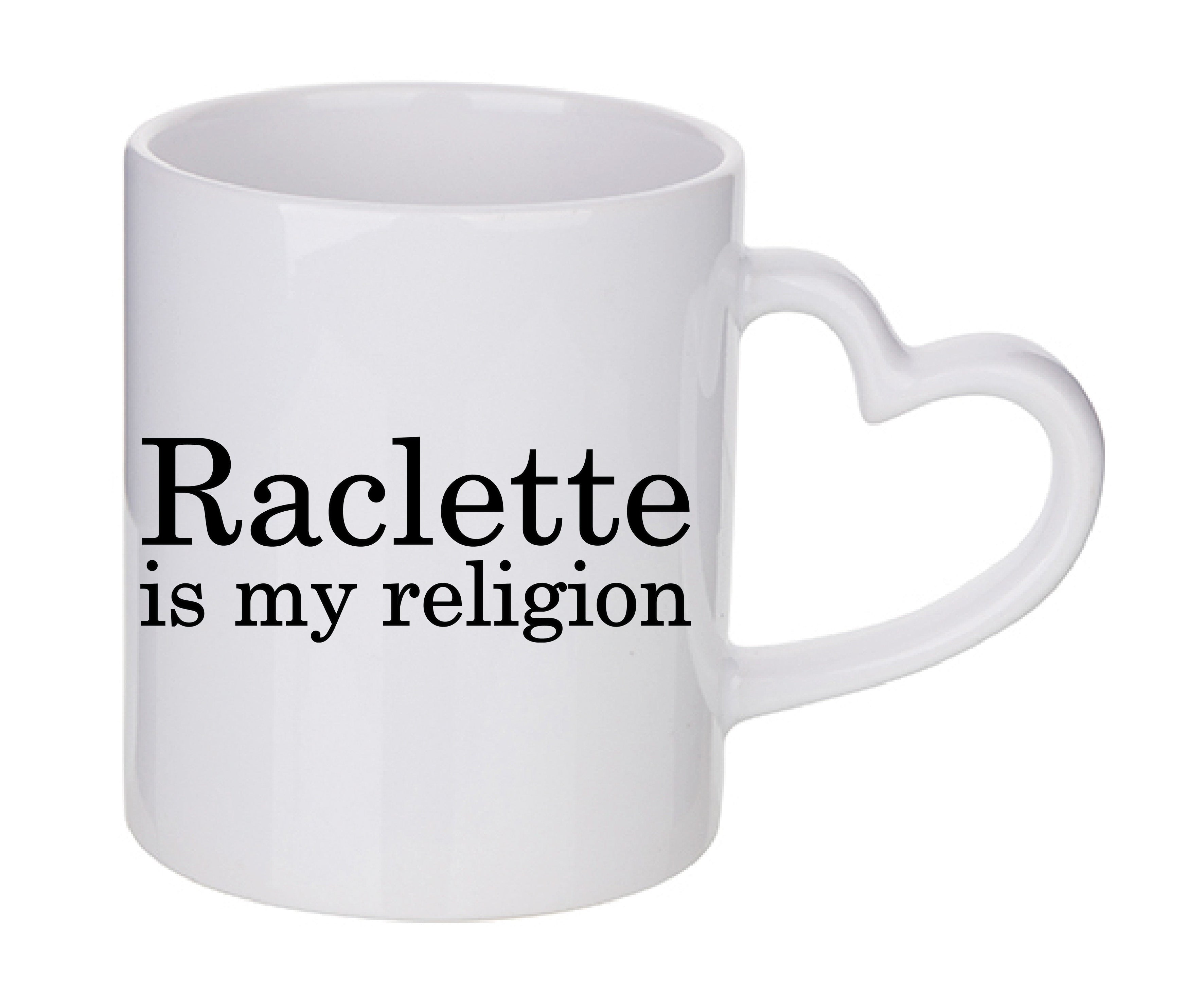 Mug coeur personnalisé raclette is my religion