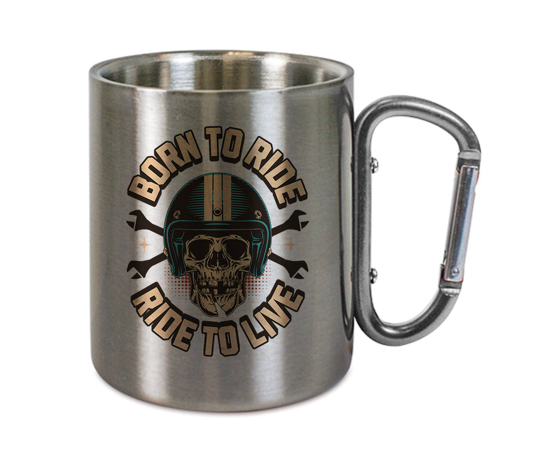 Mug inox mousqueton personnalisé Born to ride, ride to live