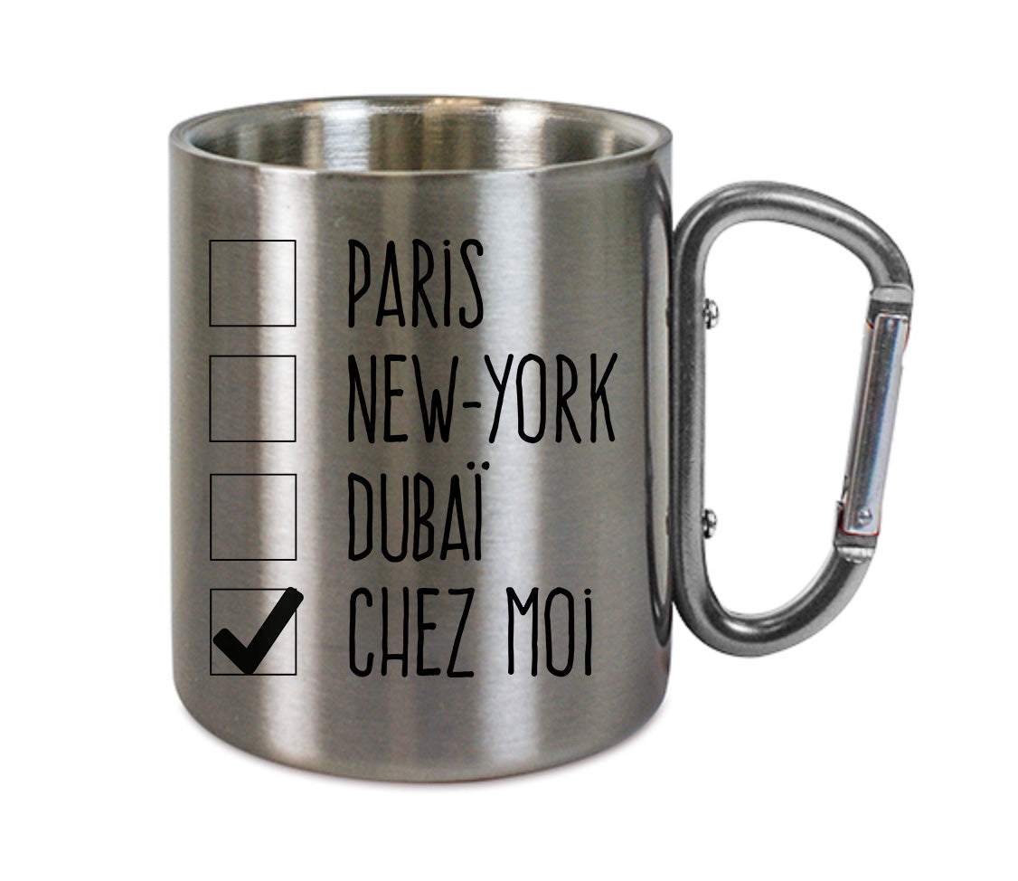 Mug inox mousqueton personnalisé Chez moi