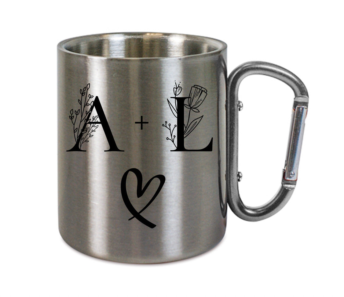 Mug inox mousqueton personnalisé Initiales et coeur