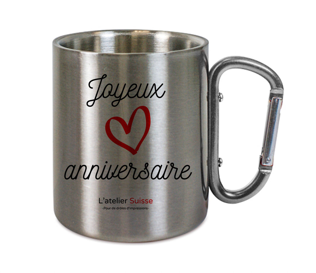 Mug inox mousqueton personnalisé Joyeux anniversaire