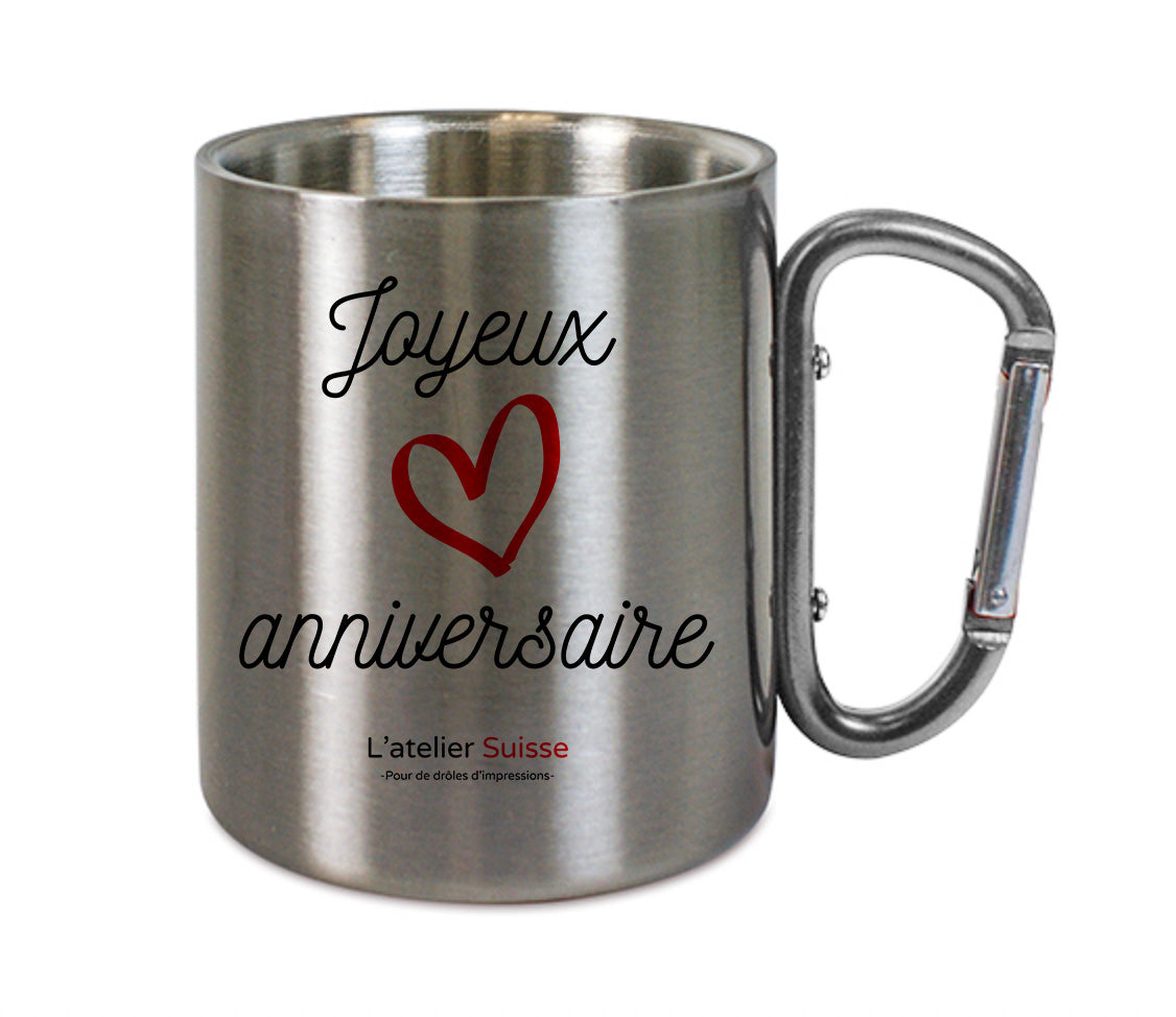 Mug inox mousqueton personnalisé Joyeux anniversaire