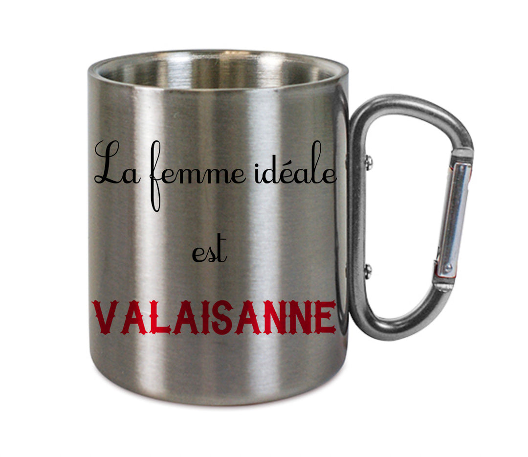 Mug inox mousqueton personnalisé La femme idéale est Valaisanne