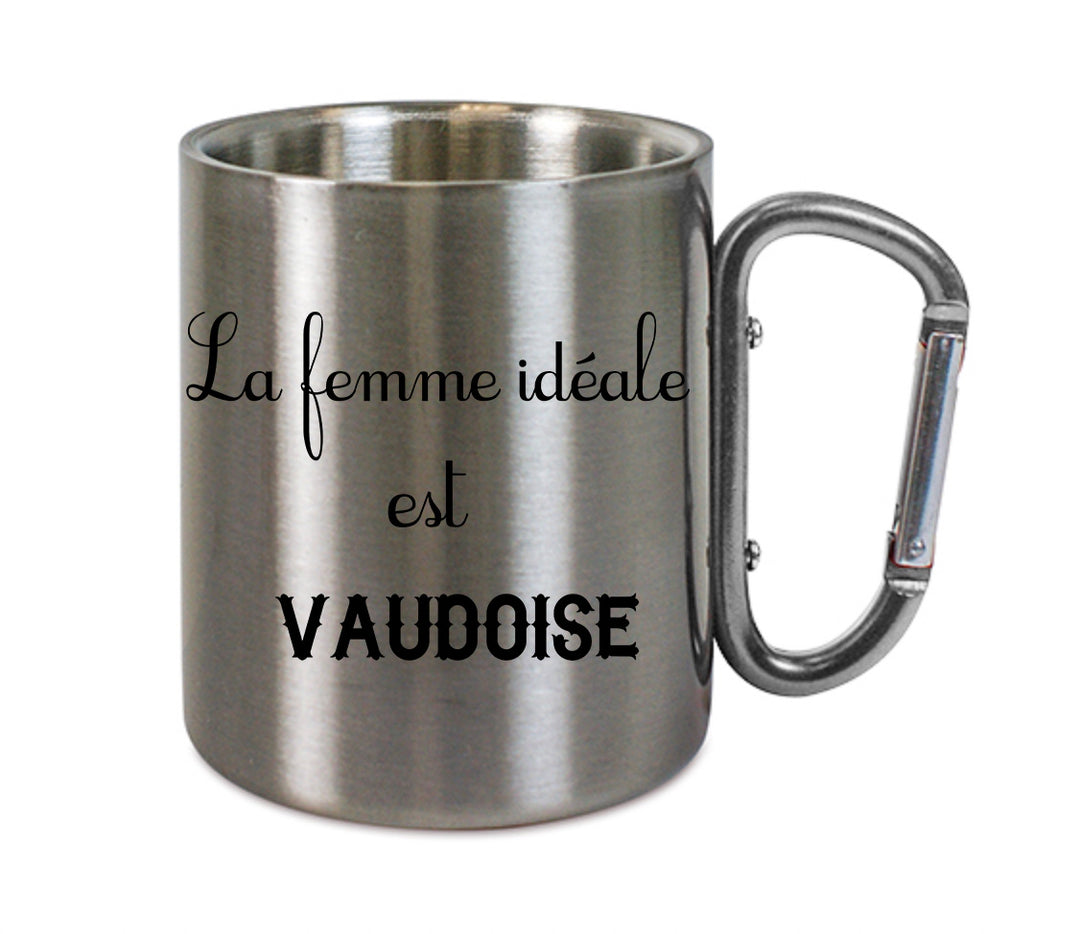 Mug inox mousqueton personnalisé La femme ideale est Vaudois