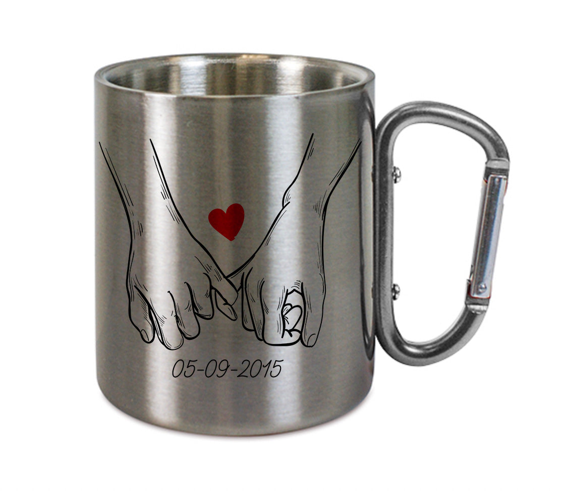 Mug inox mousqueton personnalisé Mains d'amoureux date à personnaliser