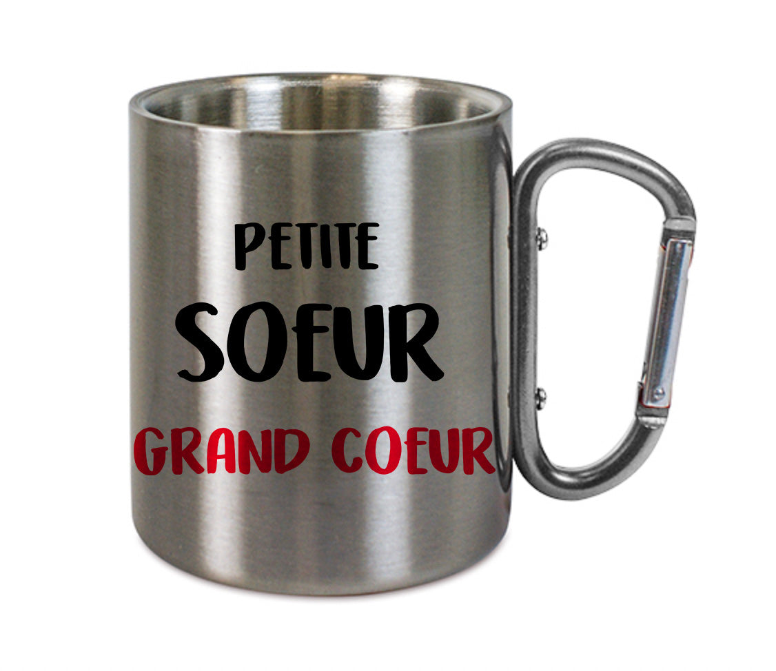 Mug inox mousqueton personnalisé Petite soeur grand coeur