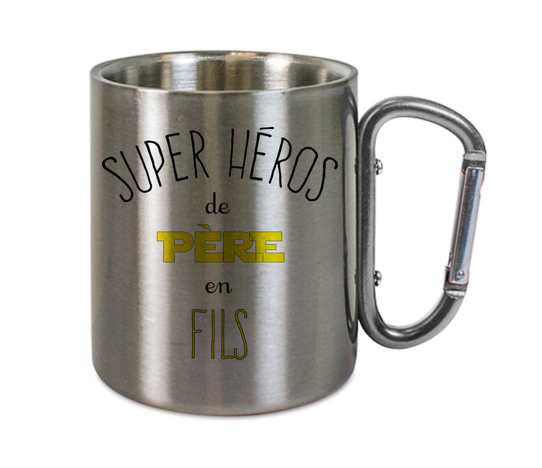 Mug inox mousqueton personnalisé Super heros de pere en fils