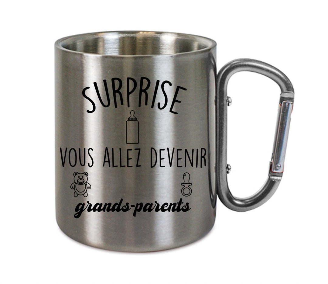 Mug inox mousqueton personnalisé Surprise vous allez devenir grands parents