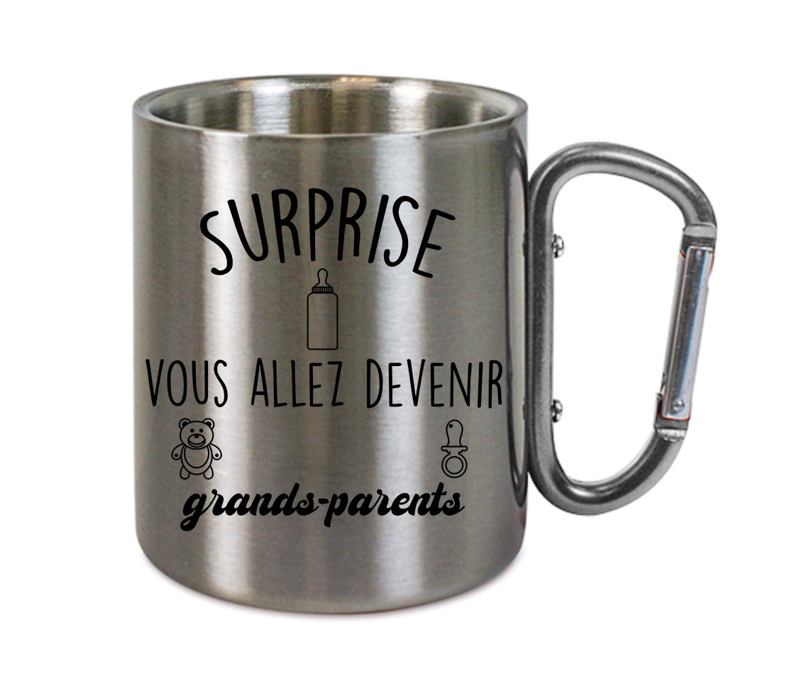 Mug inox mousqueton personnalisé Surprise vous allez devenir grands parents