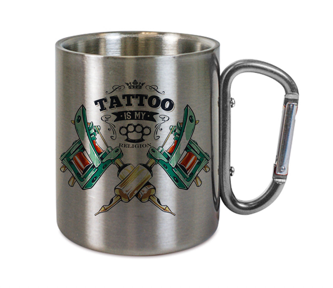 Mug inox mousqueton personnalisé Tattoo is my religion
