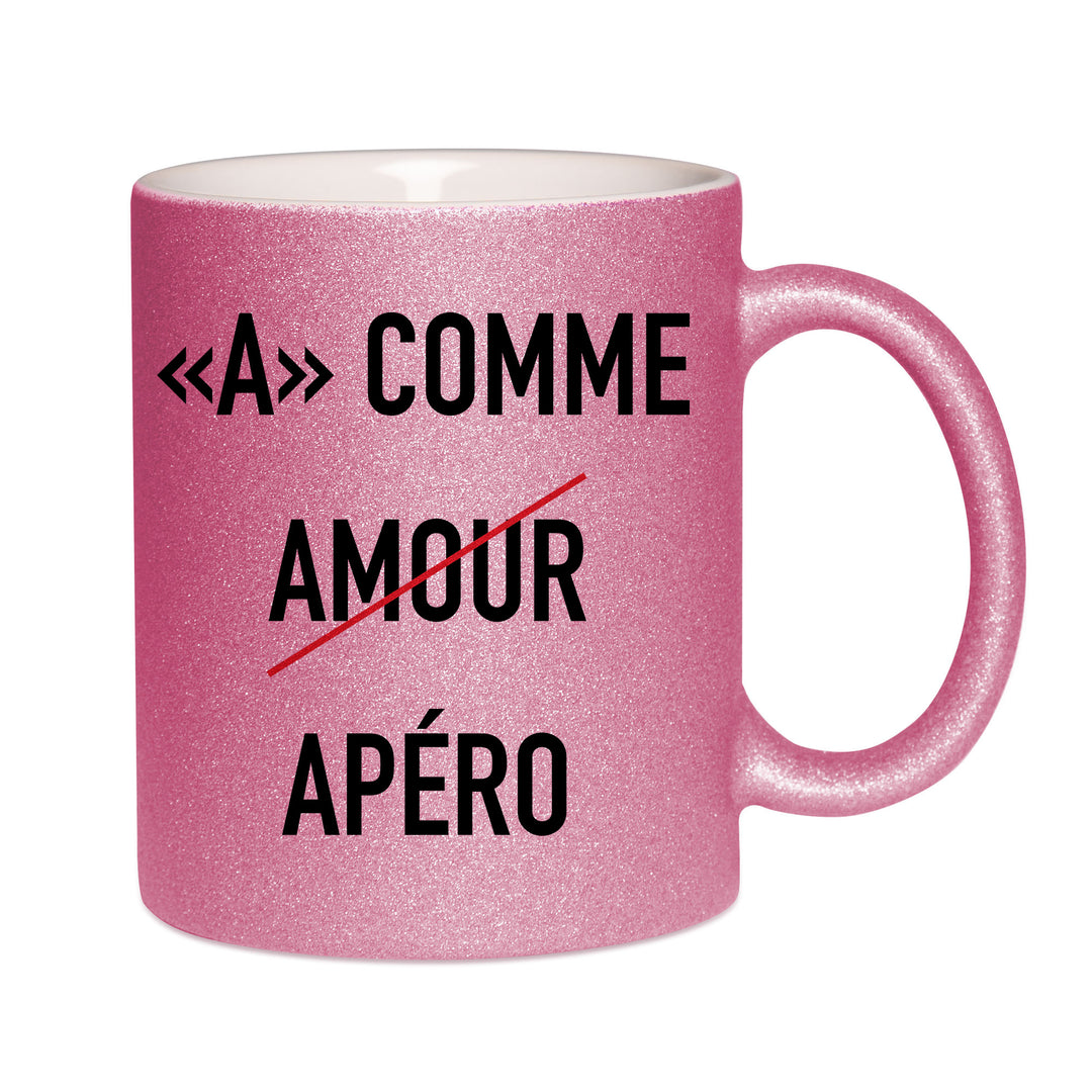 Mug paillettes rose personnalisé A comme amour