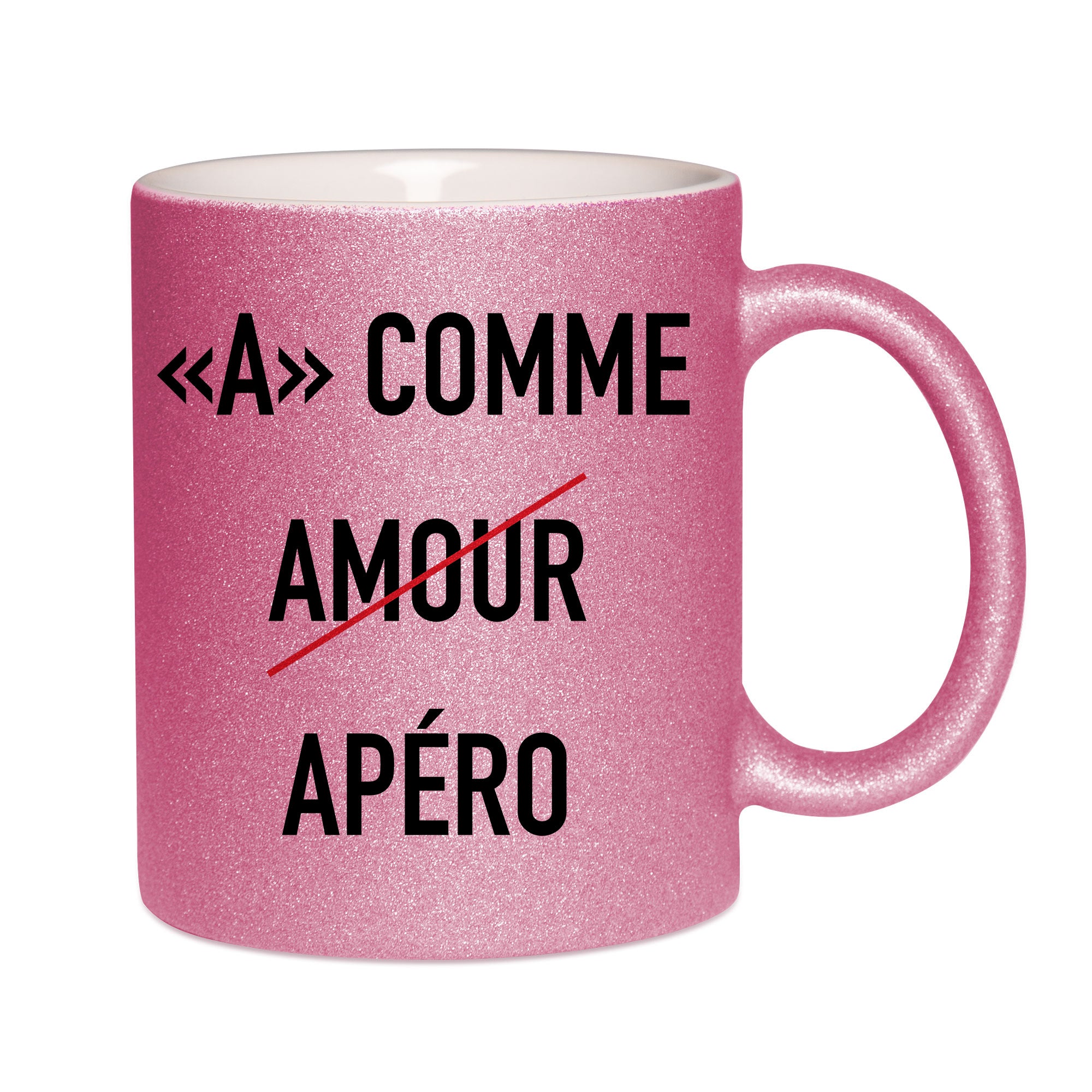 Mug paillettes rose personnalisé A comme amour