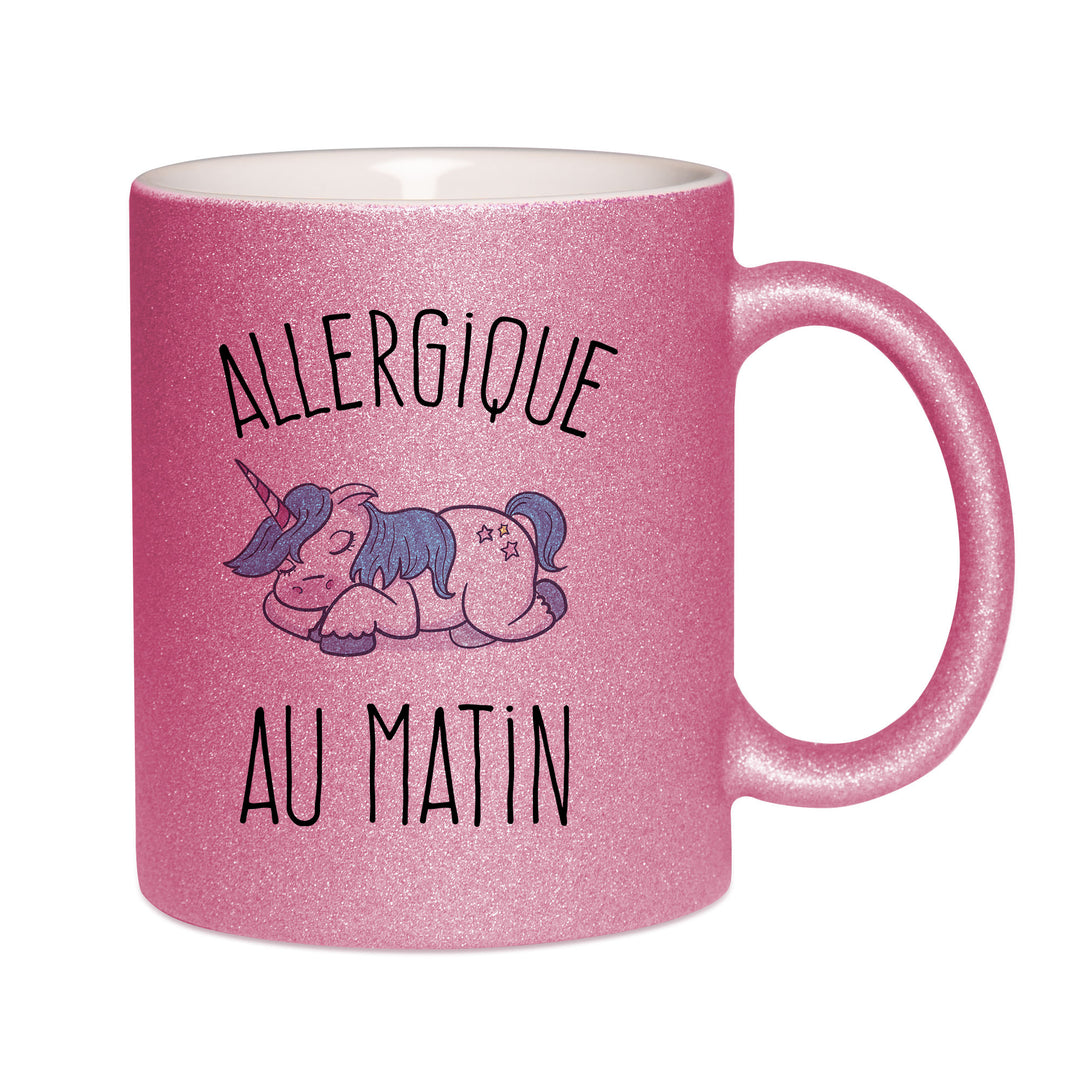 Mug paillettes rose personnalisé Allergique au matin