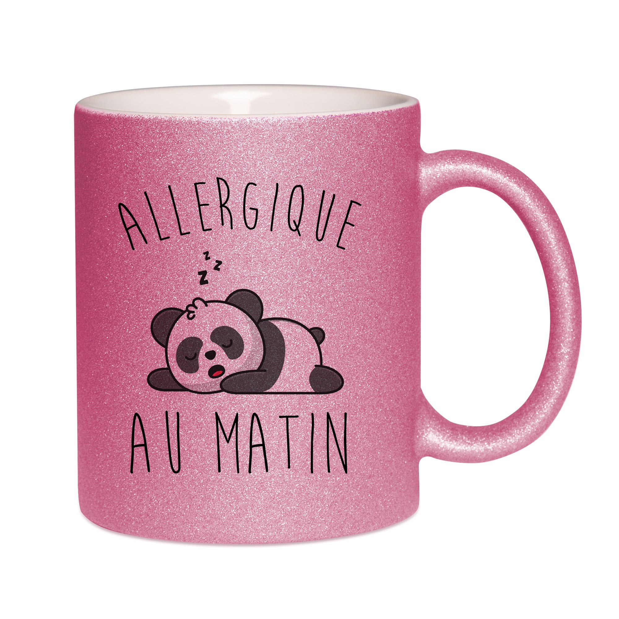 Mug paillettes rose personnalisé Allergique au matin panda