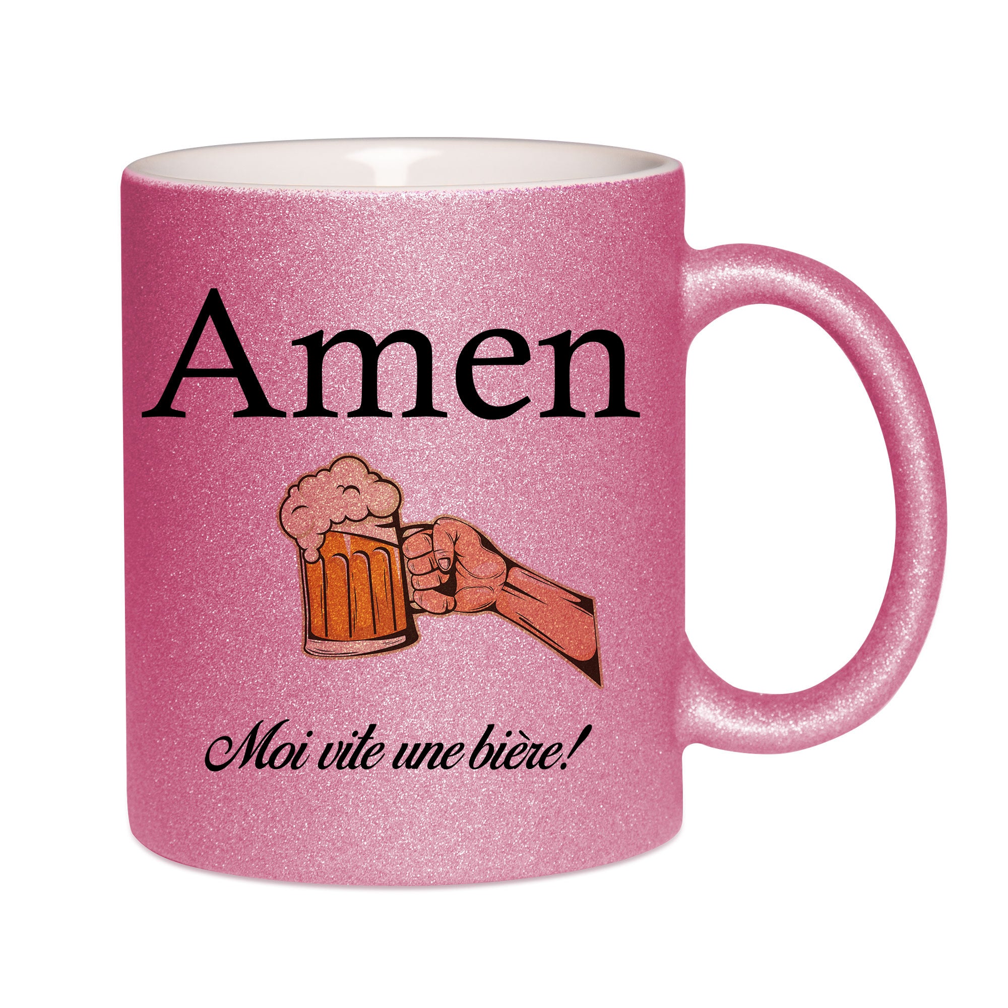 Mug paillettes rose personnalisé Amen moi vite une biere