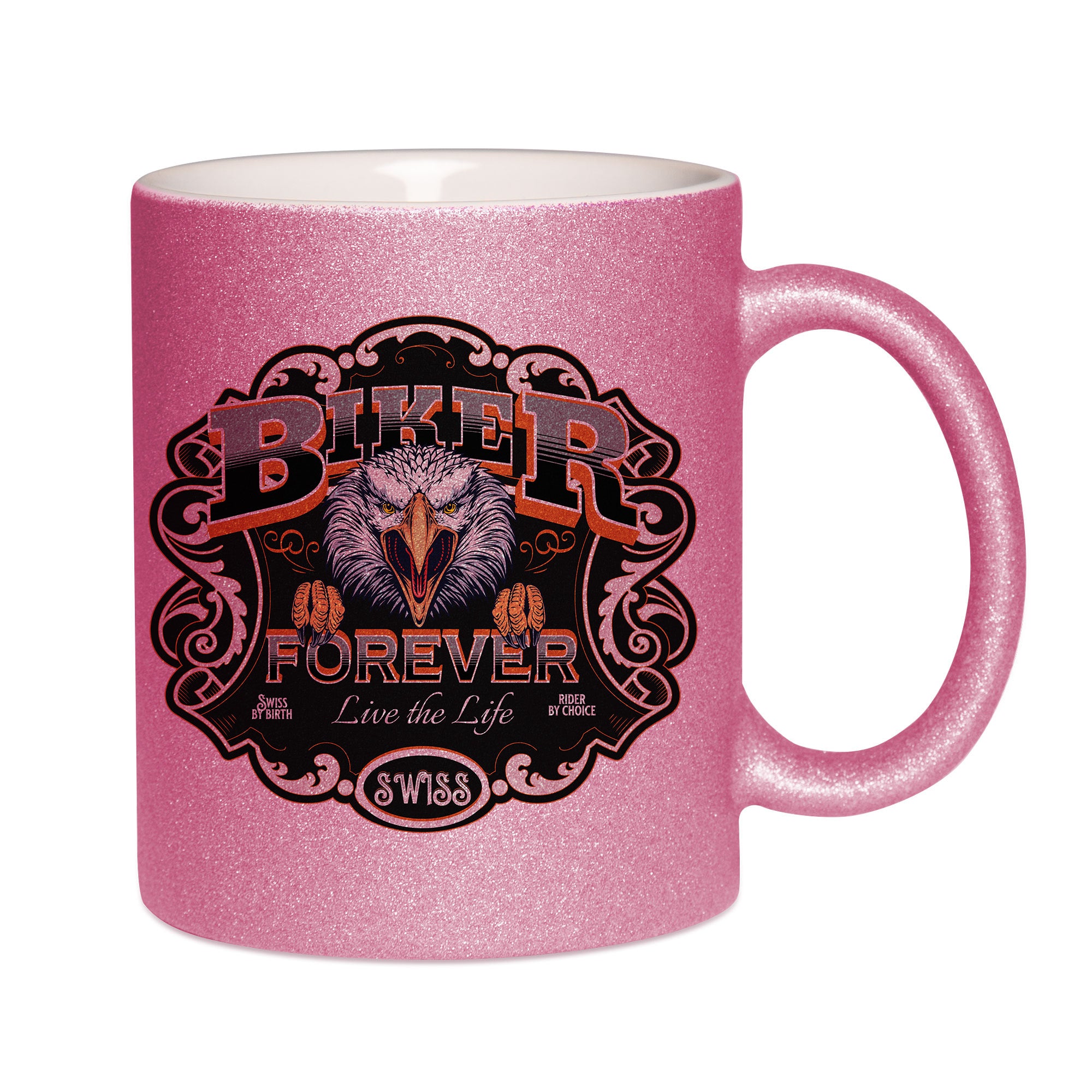 Mug paillettes rose personnalisé Biker forever