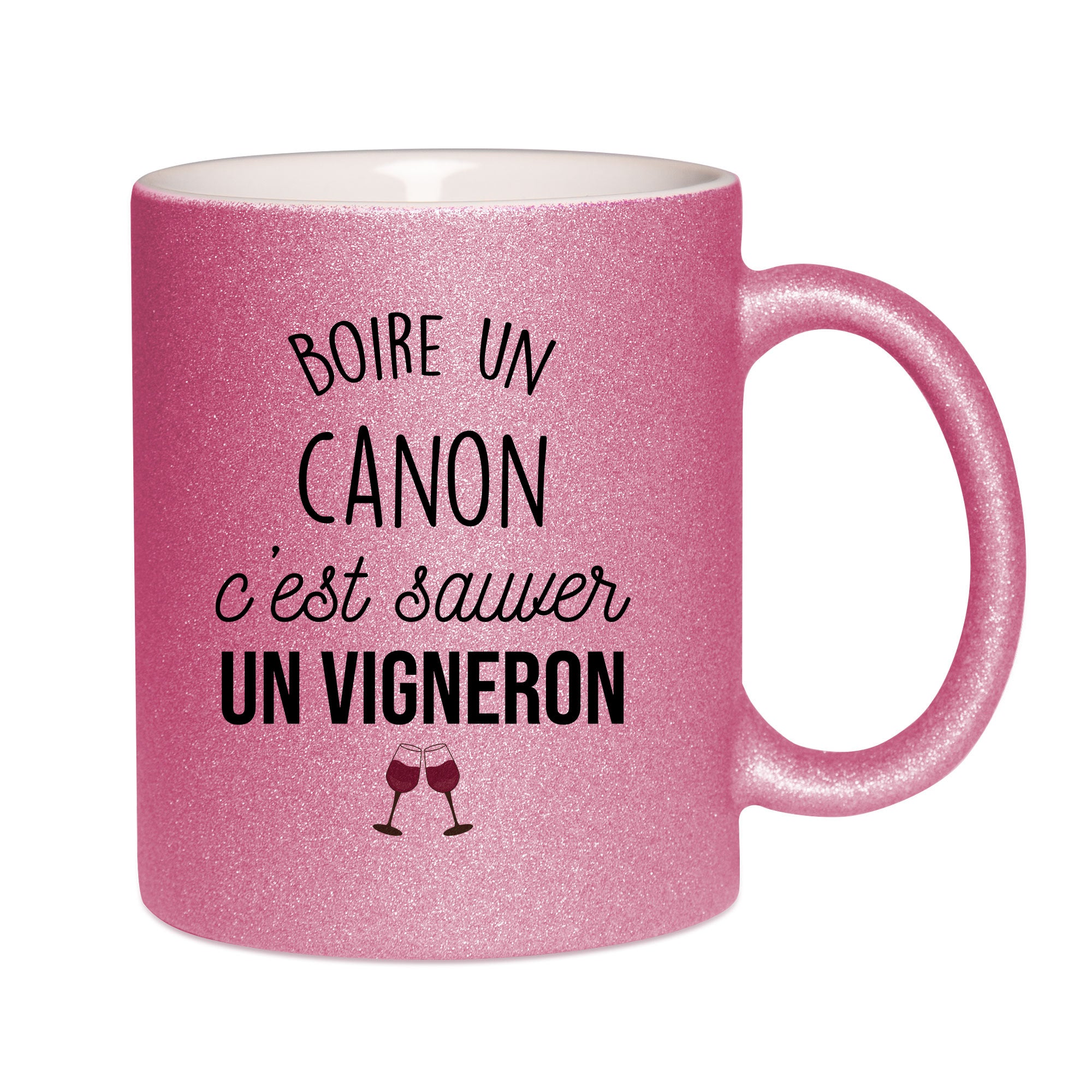 Mug paillettes rose personnalisé Boire un canon c'est sauver un vigneron
