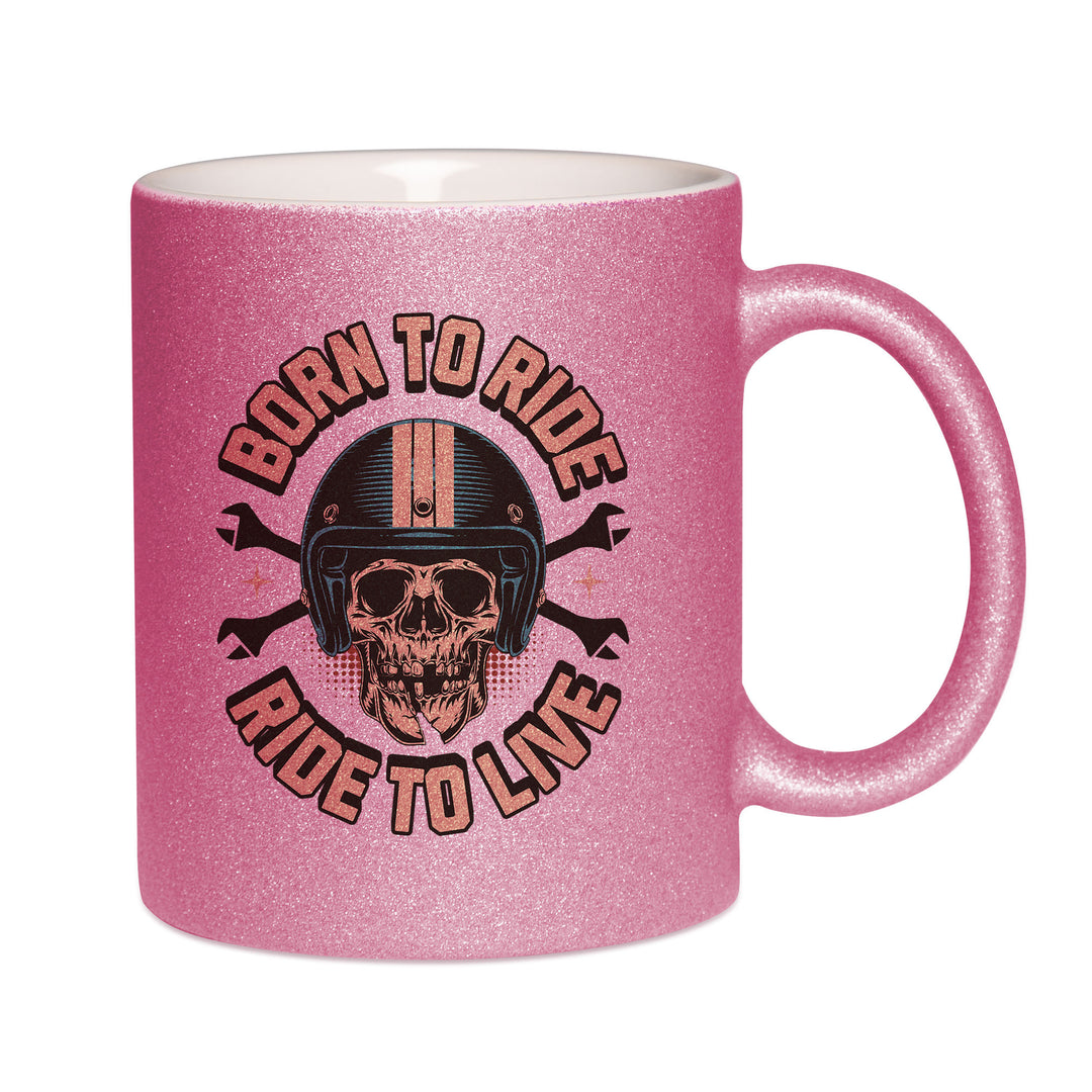 Mug paillettes rose personnalisé Born to ride, ride to live
