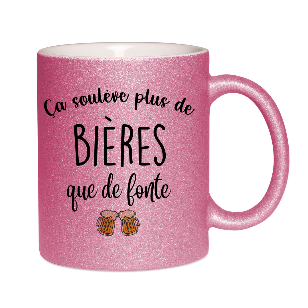 Mug paillettes rose personnalisé Ca soulève plus de bieres que de fonte