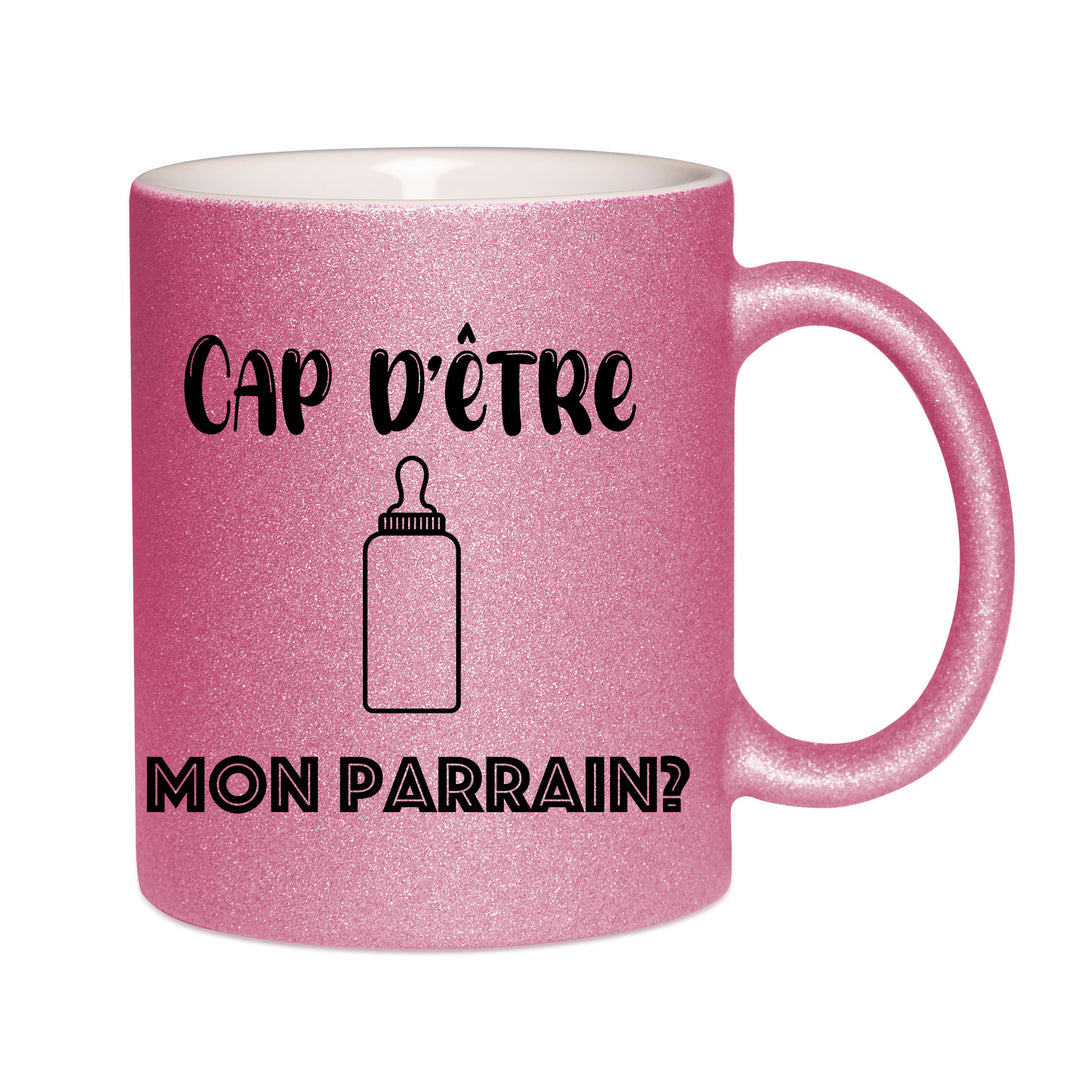 Mug paillettes rose personnalisé Cap d'être mon parrain