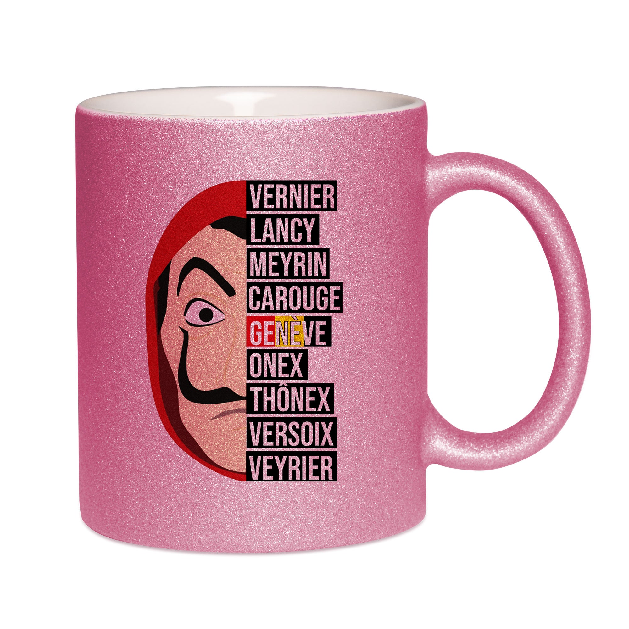 Mug paillettes rose personnalisé Casa de Papel Geneve