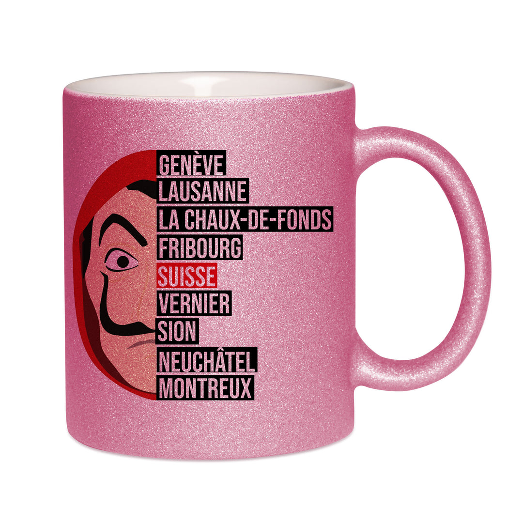 Mug paillettes rose personnalisé Casa de Papel Suisse Romande