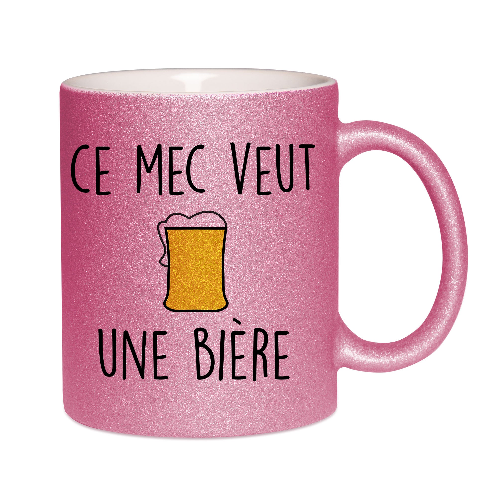 Mug paillettes rose personnalisé Ce mec veut une bière