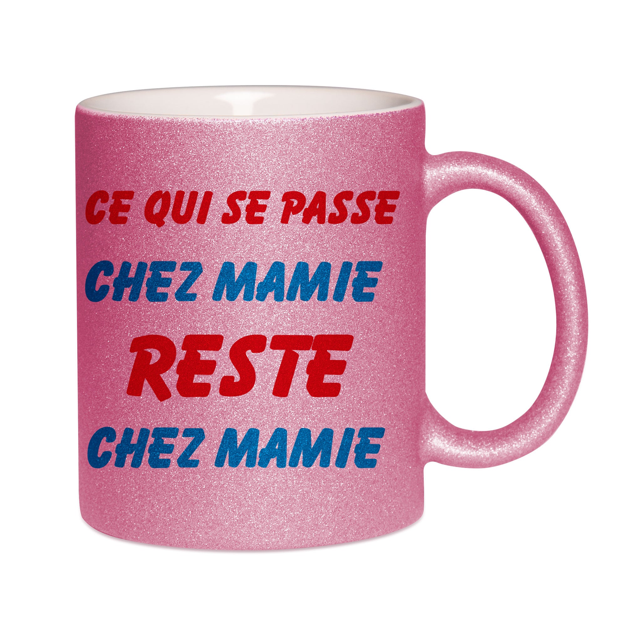 Mug paillettes rose personnalisé Ce qui se passe chez mamie
