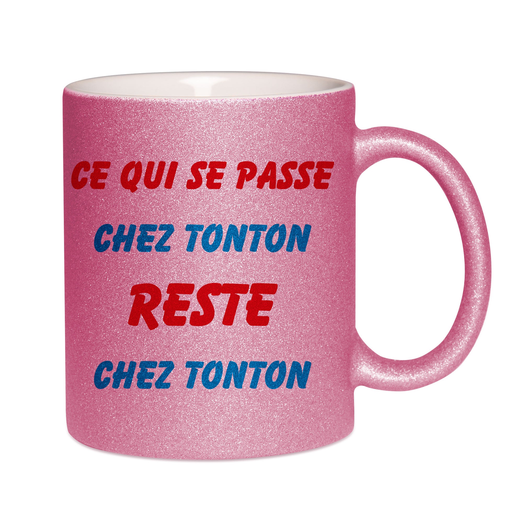 Mug paillettes rose personnalisé Ce qui se passe chez tonton