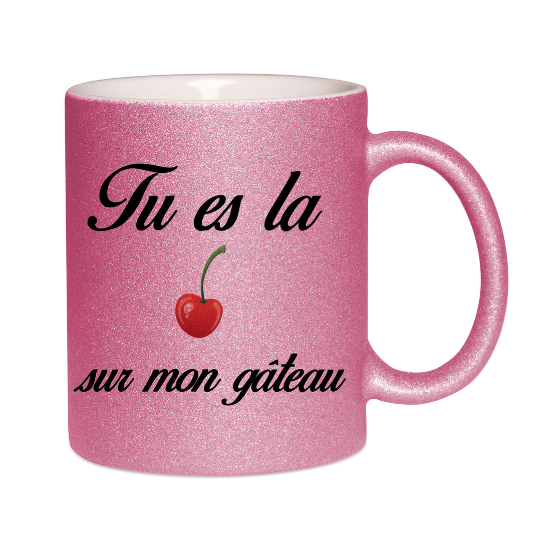 Mug paillettes rose personnalisé Cerise sur le gateau