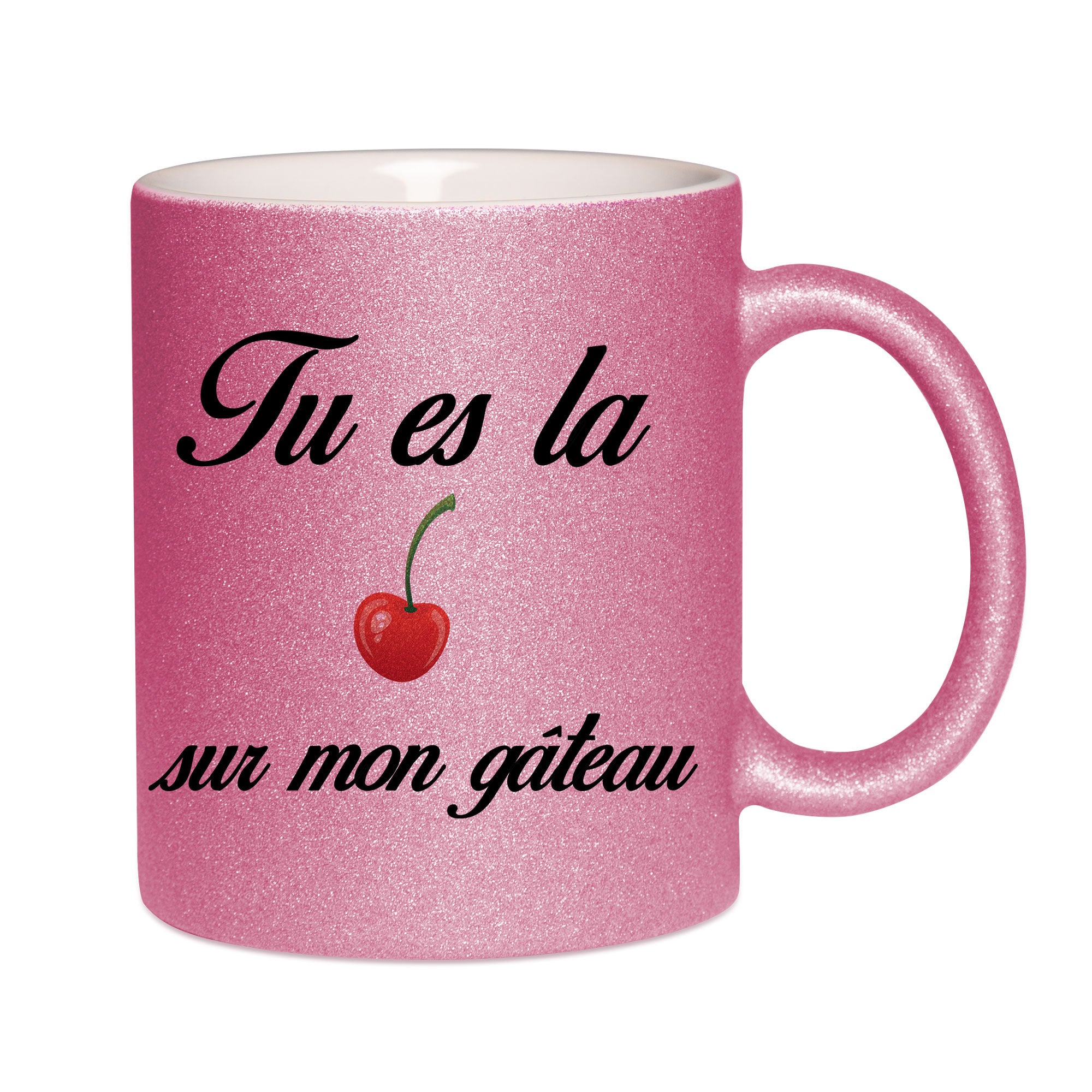 Mug paillettes rose personnalisé Cerise sur le gateau