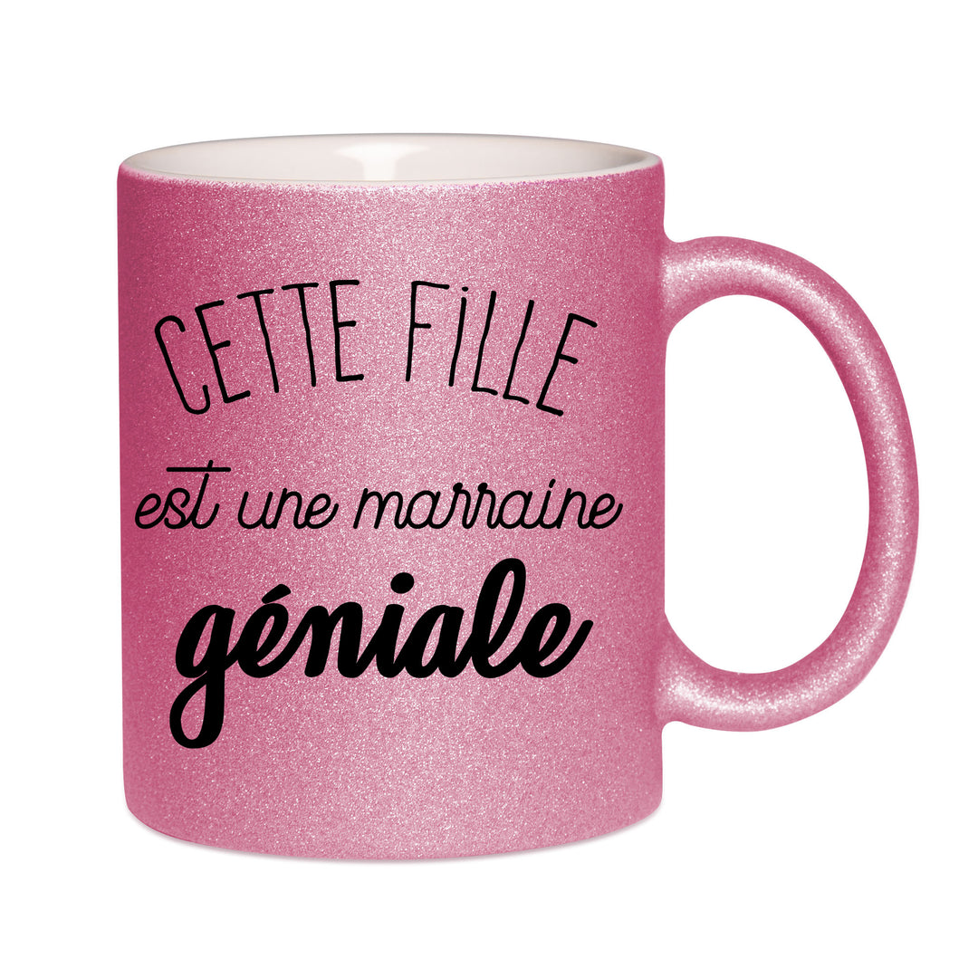 Mug paillettes rose personnalisé Cette fille est une marraine geniale