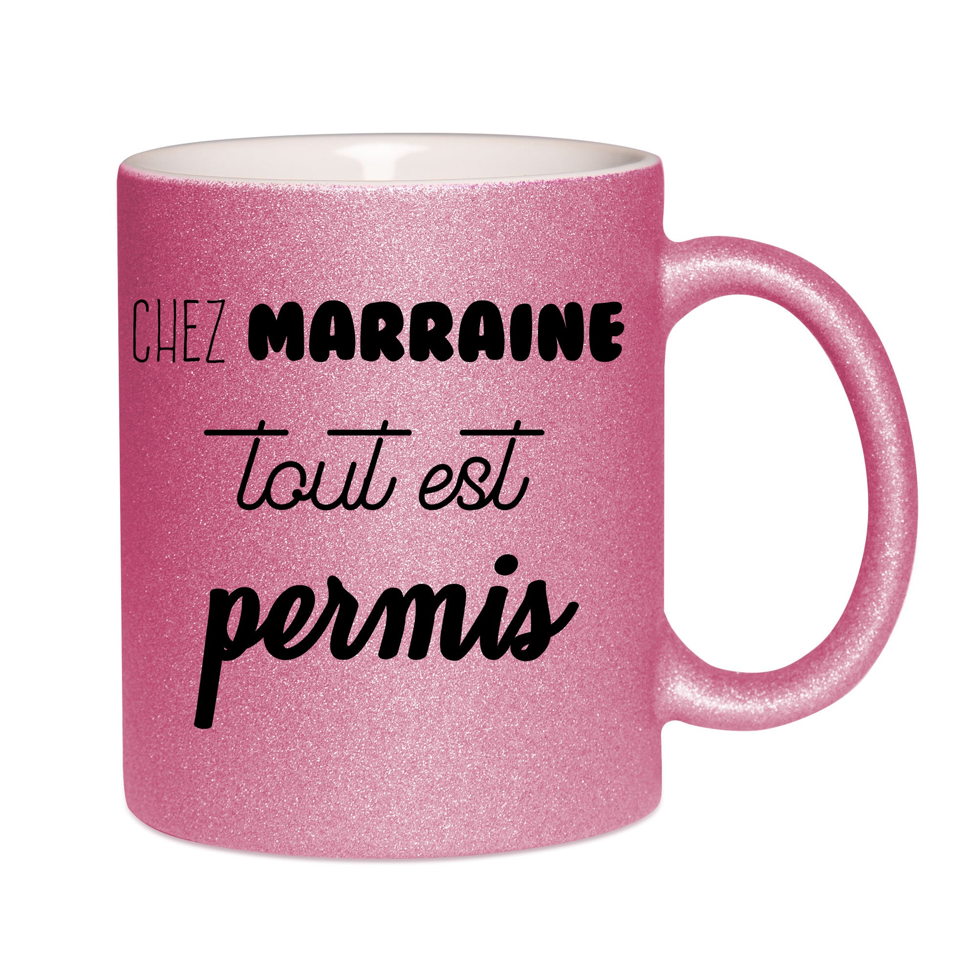 Mug paillettes rose personnalisé Chez marraine tout est permis