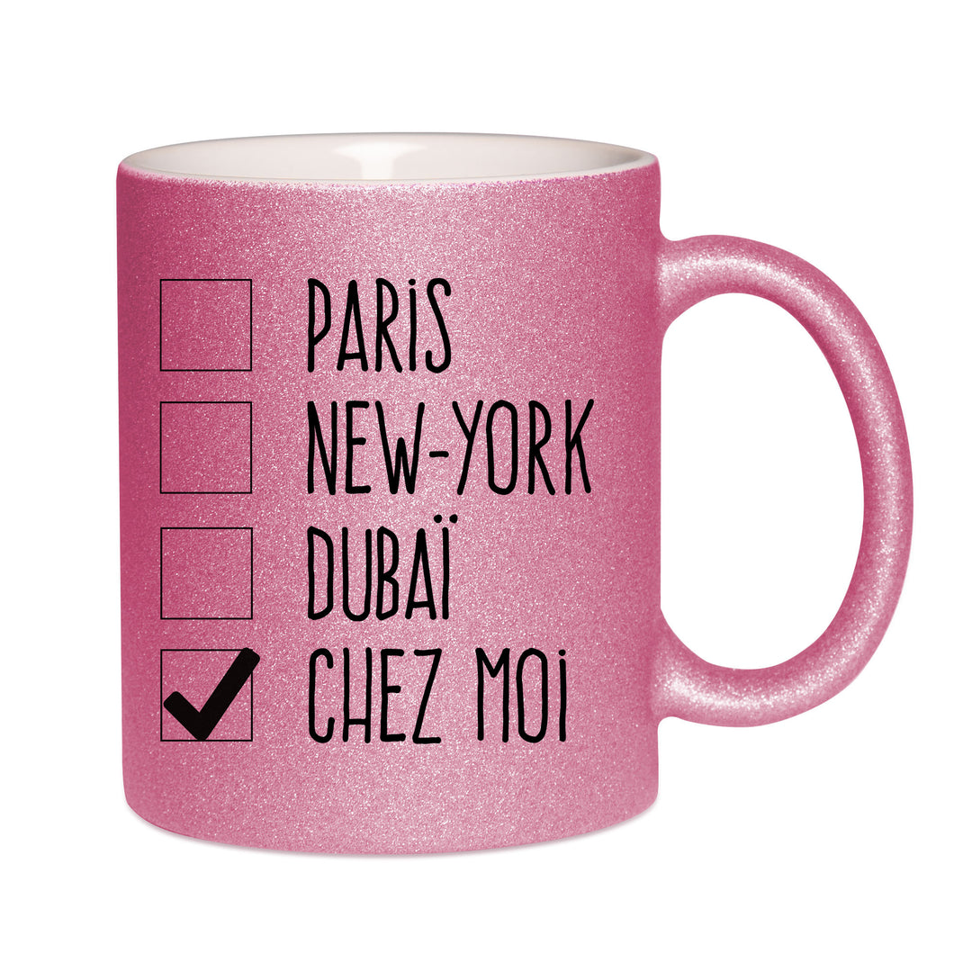 Mug paillettes rose personnalisé Chez moi