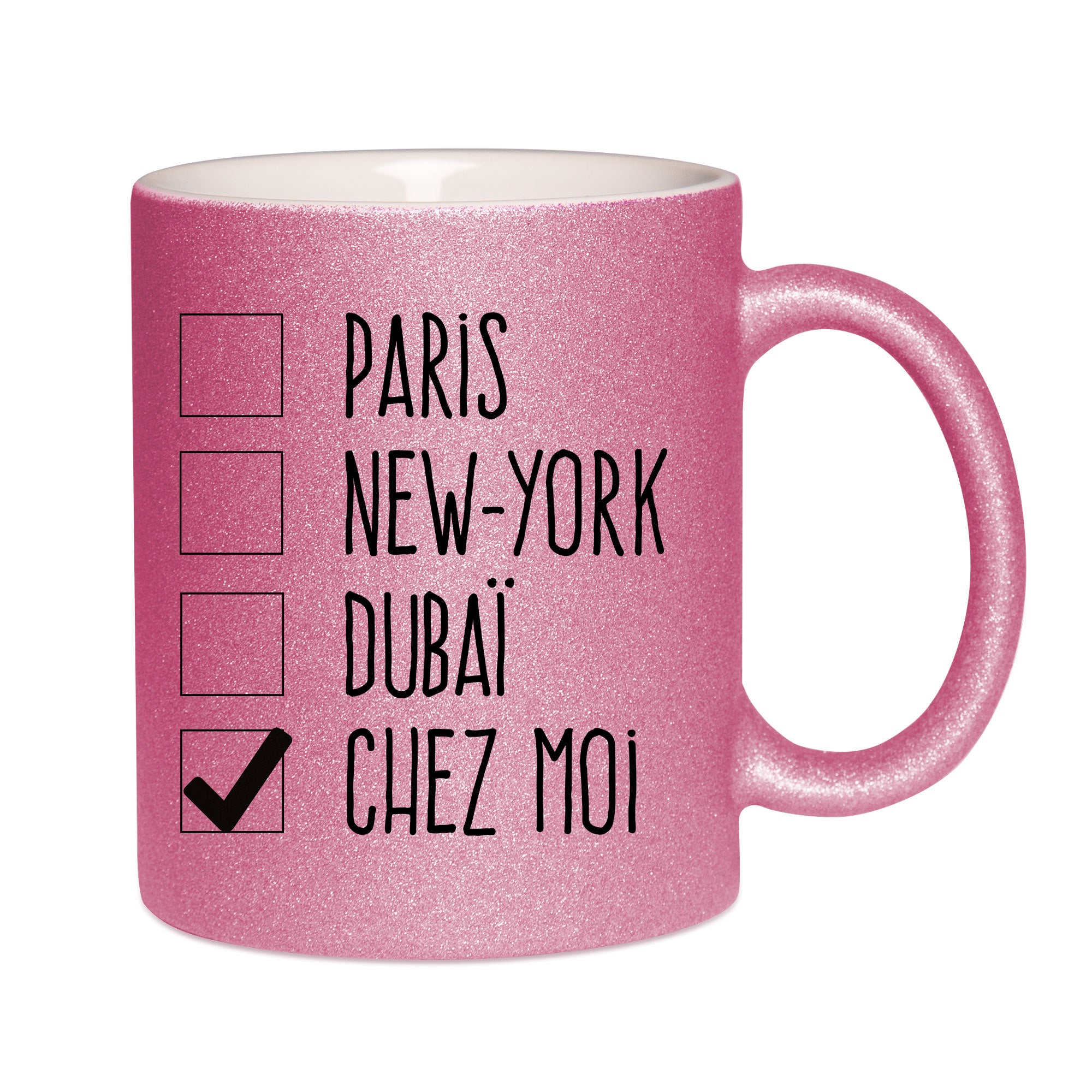 Mug paillettes rose personnalisé Chez moi