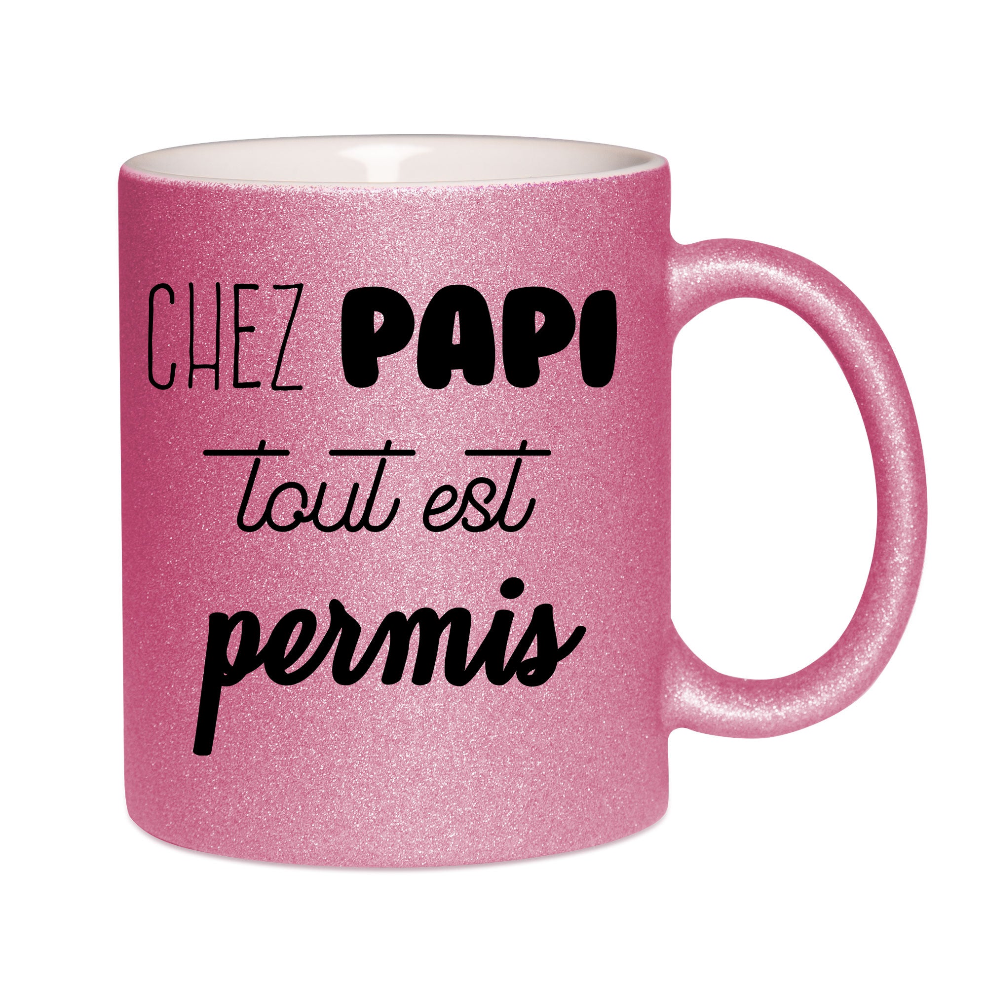Mug paillettes rose personnalisé Chez papi tout est permis