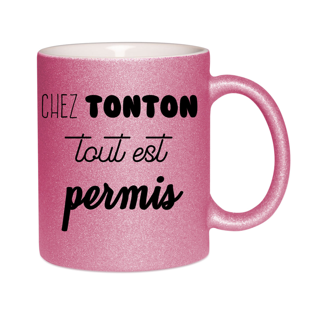 Mug paillettes rose personnalisé Chez tonton tout est permis