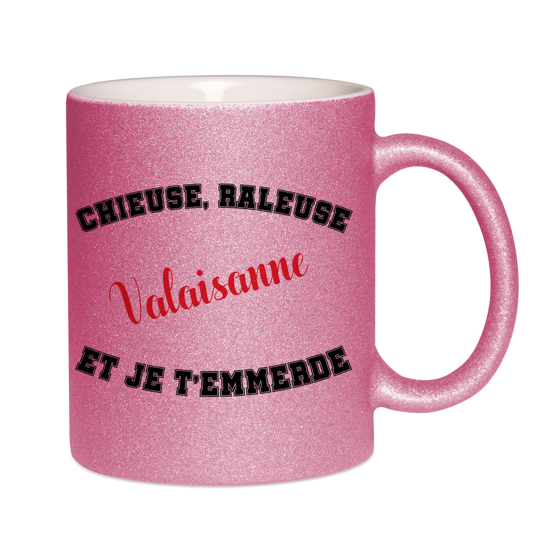 Mug paillettes rose personnalisé Chieuse raleuse Valaisanne et je t'emmerde