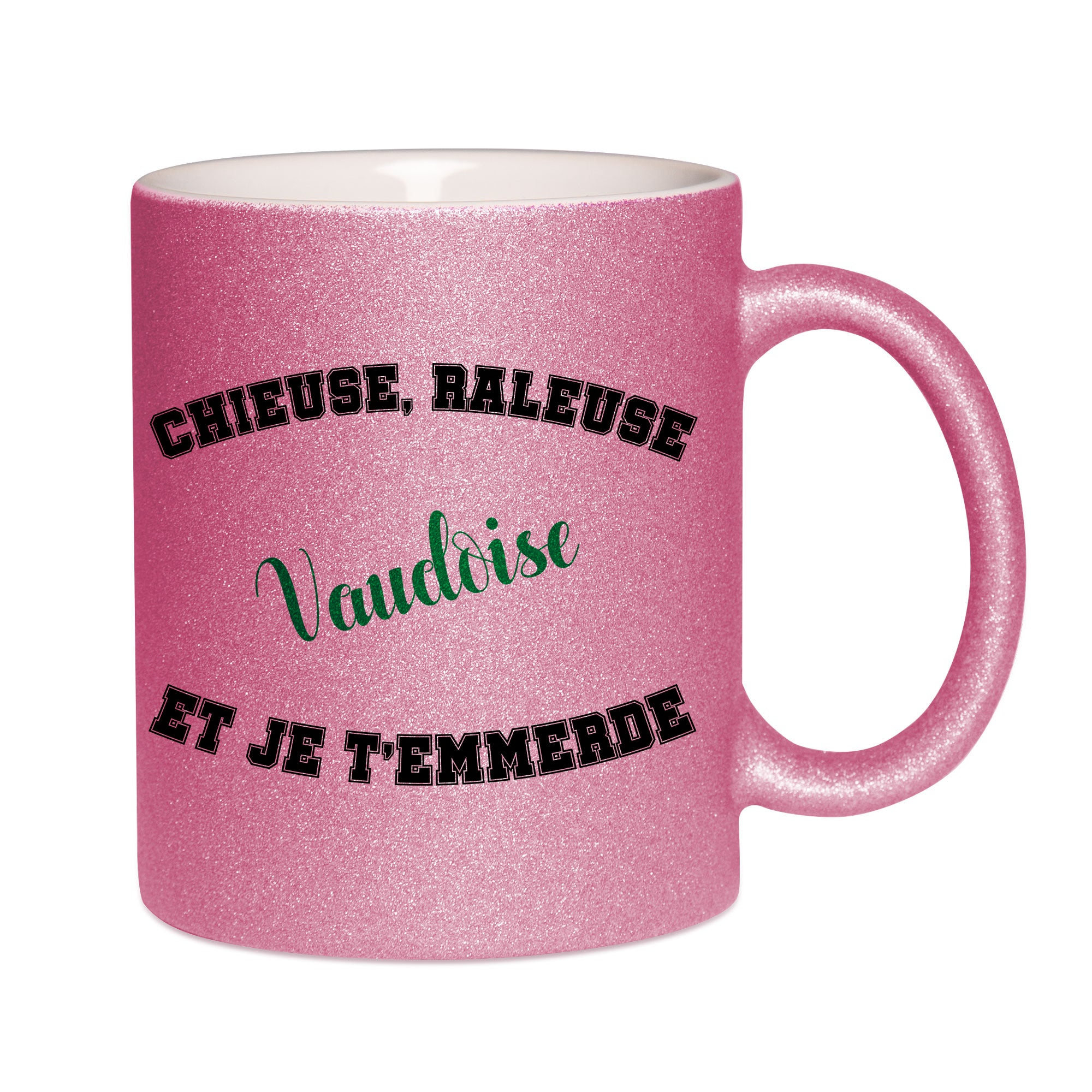 Mug paillettes rose personnalisé Chieuse raleuse Vaudoise et je t'emmerde