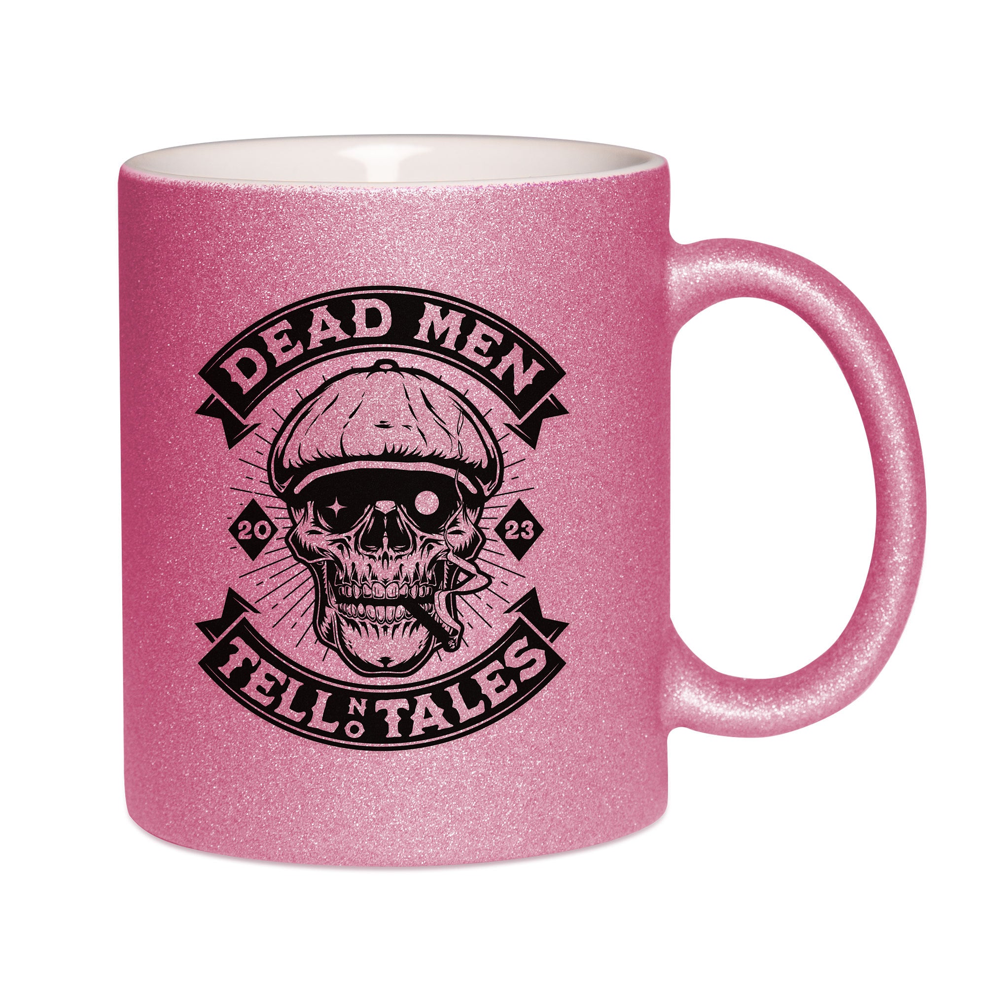 Mug paillettes rose personnalisé Dead men tell no tales