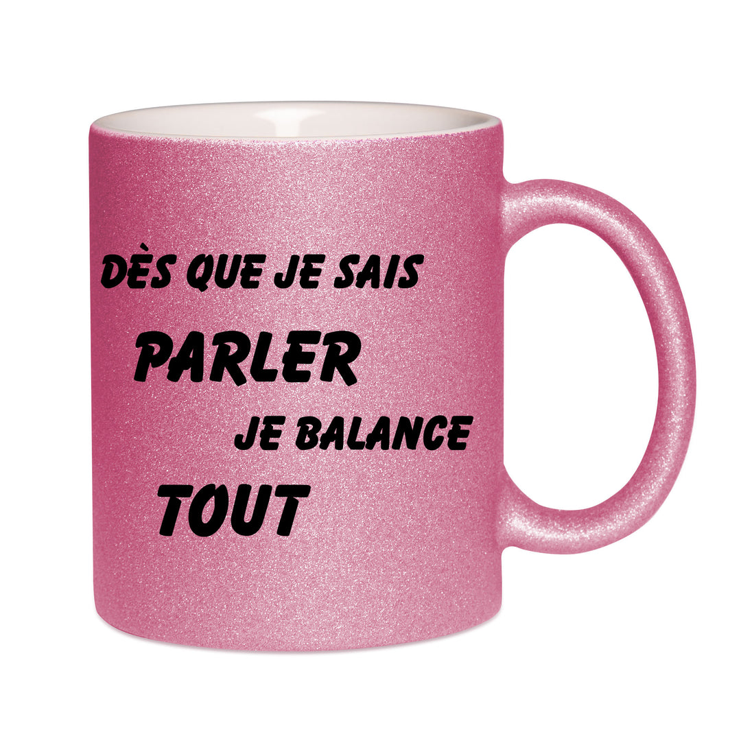 Mug paillettes rose personnalisé Des que je sais parler