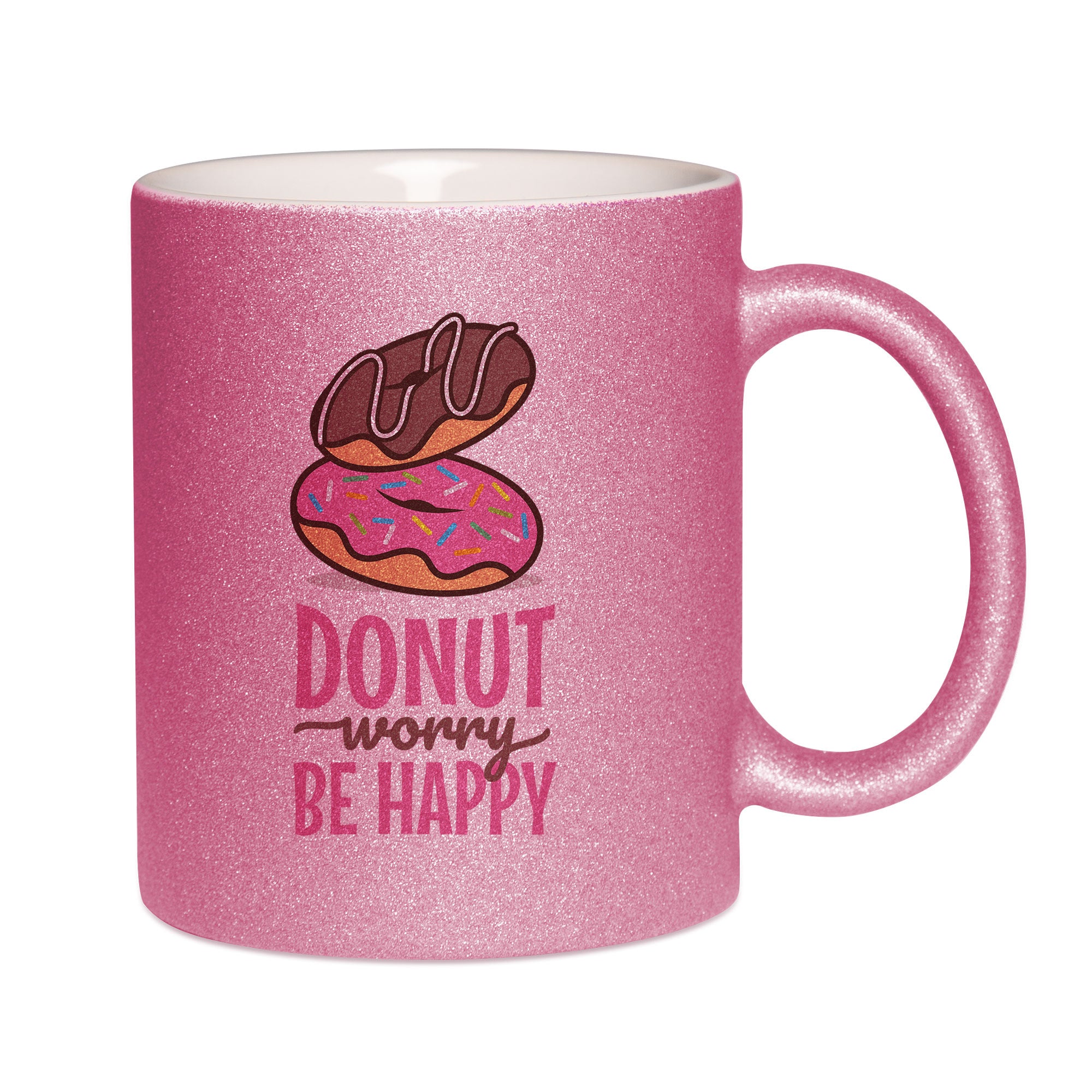 Mug paillettes rose personnalisé Donut worry happy be happy