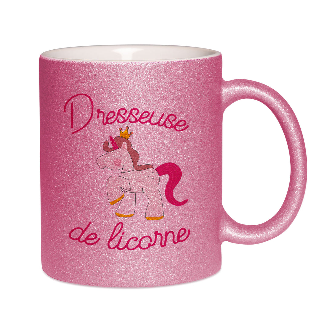 Mug paillettes rose personnalisé Dresseuse de licorne