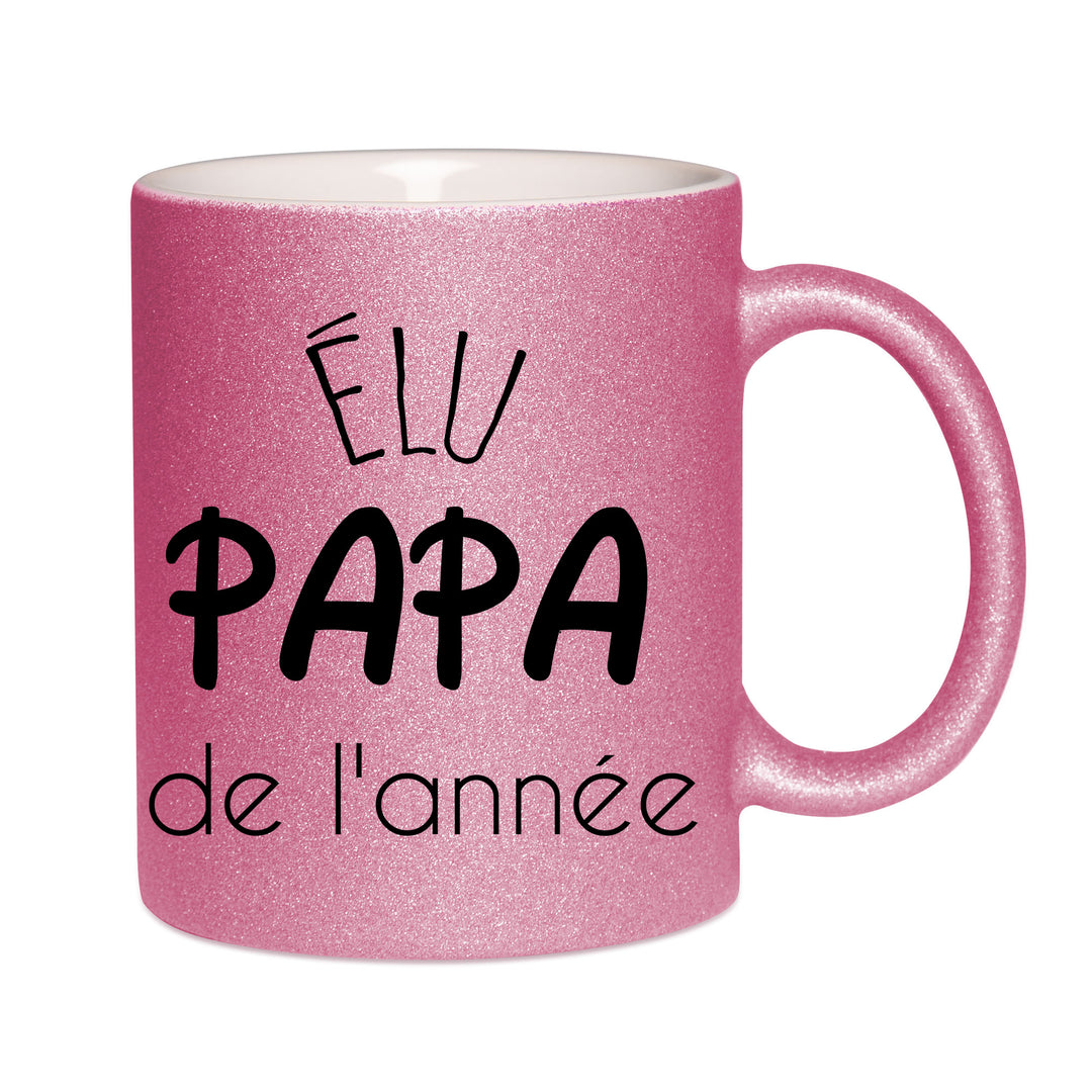 Mug paillettes rose personnalisé Elu Papa de l'annee